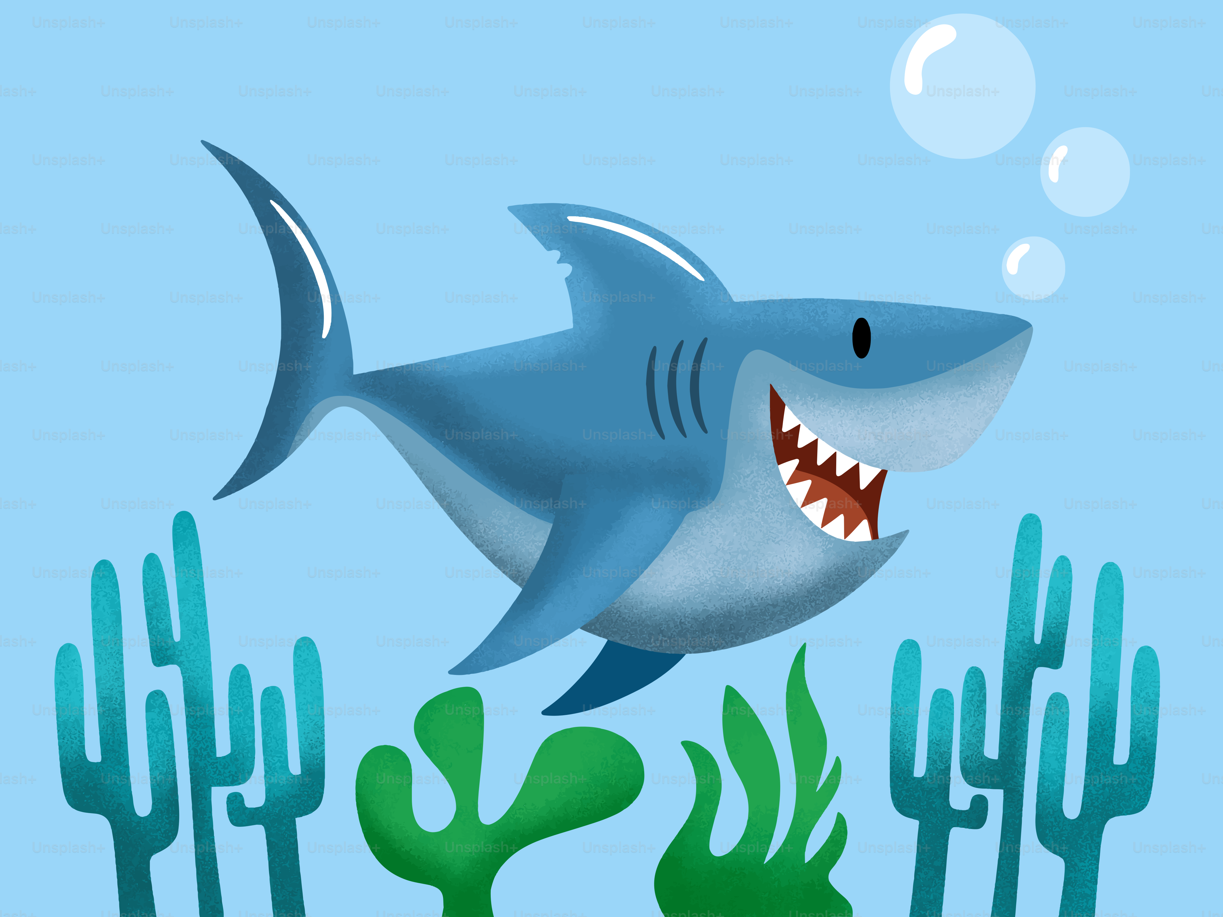 A happy shark swims amongst seaweed.