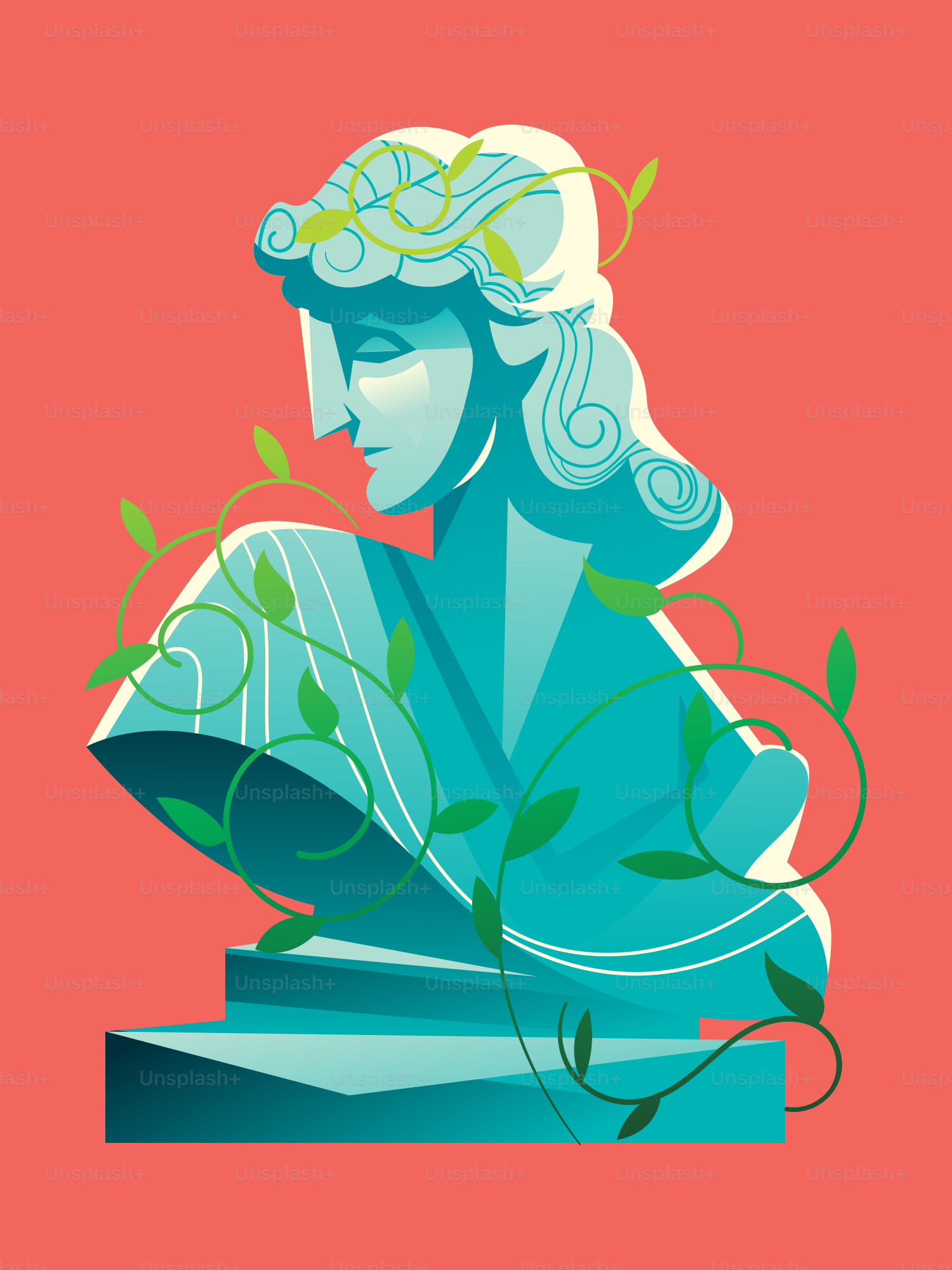 A statue bust decorated with green vines.