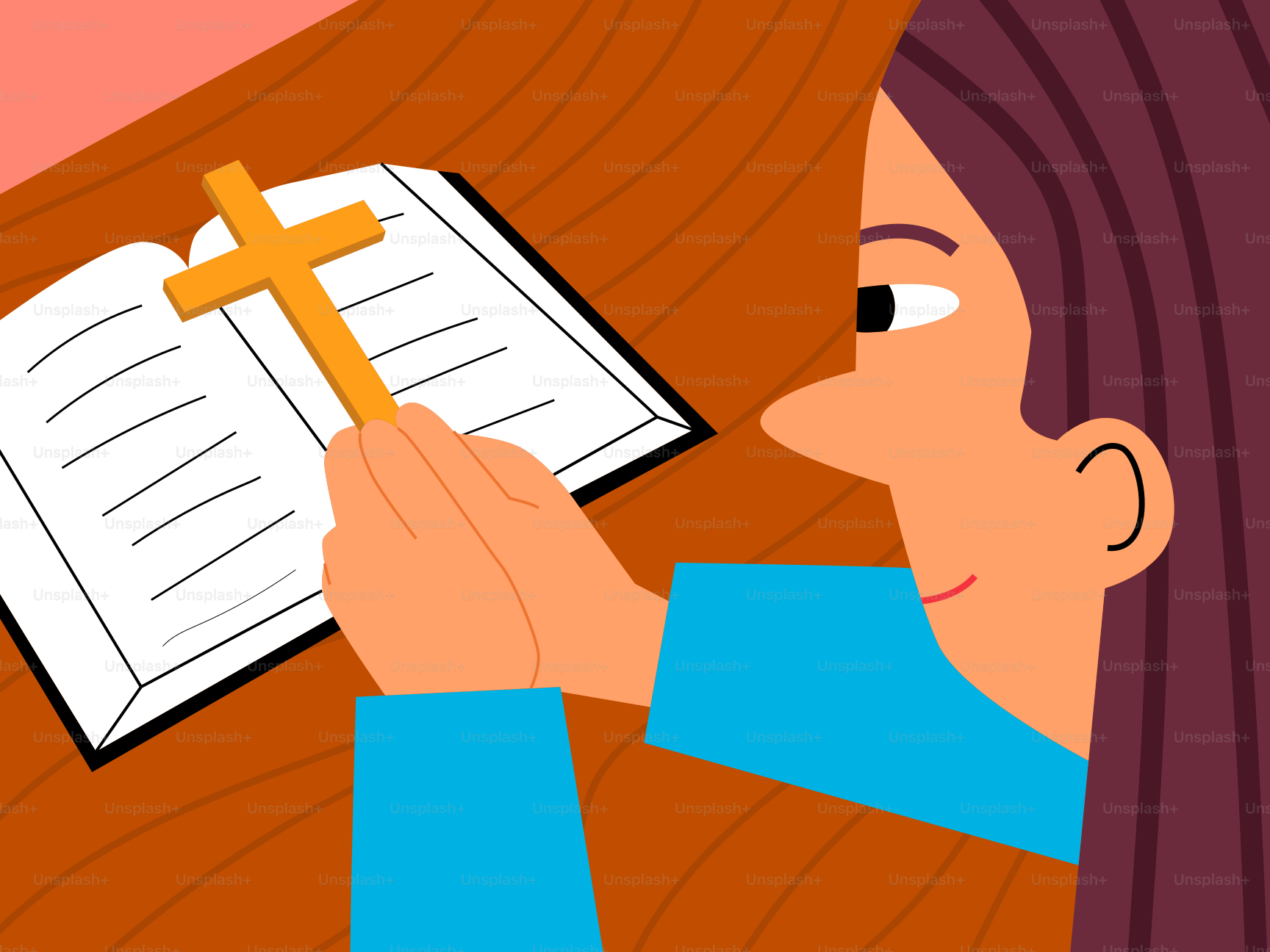 Woman praying with a cross and a bible.