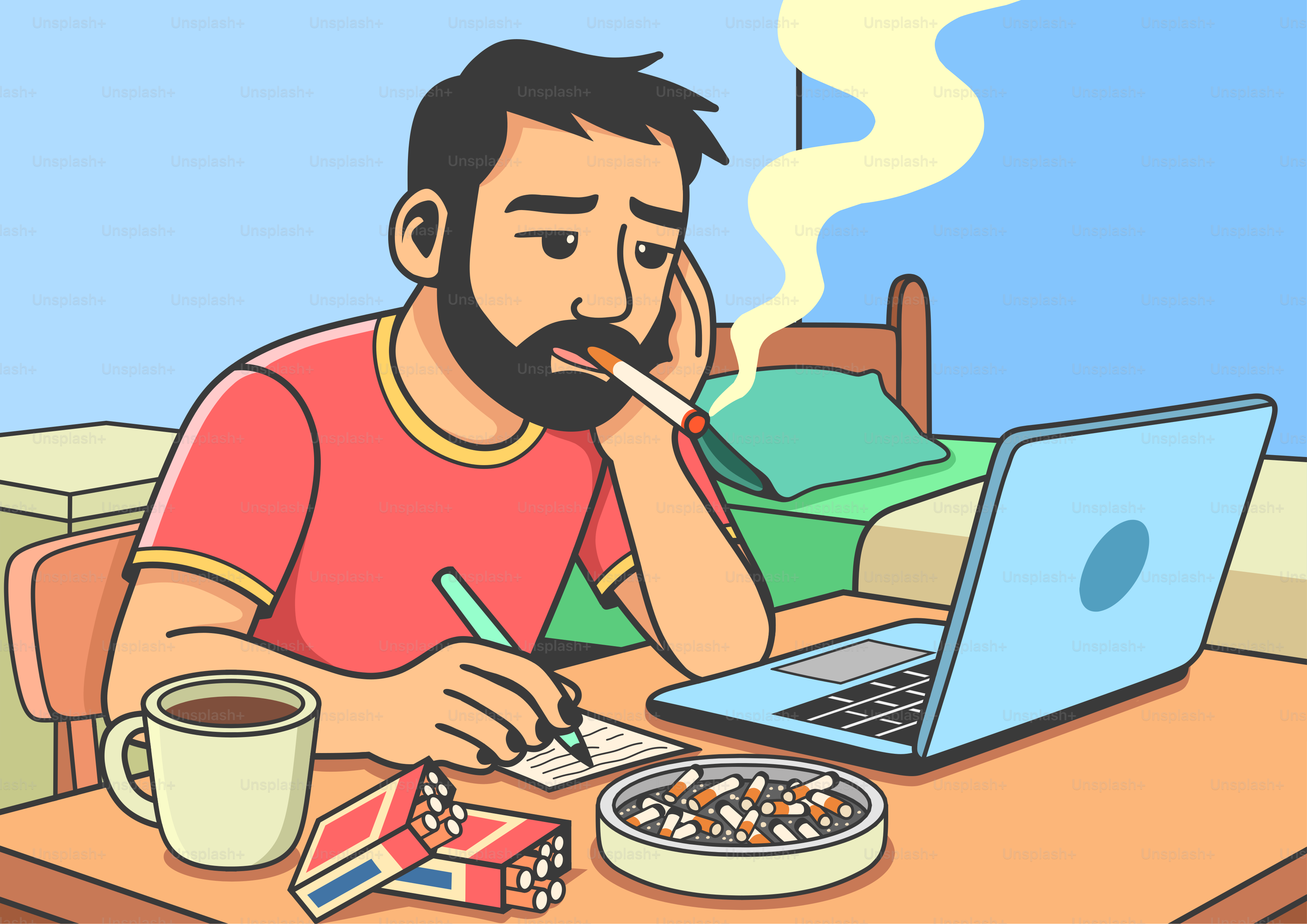 A man smokes while working on his laptop.