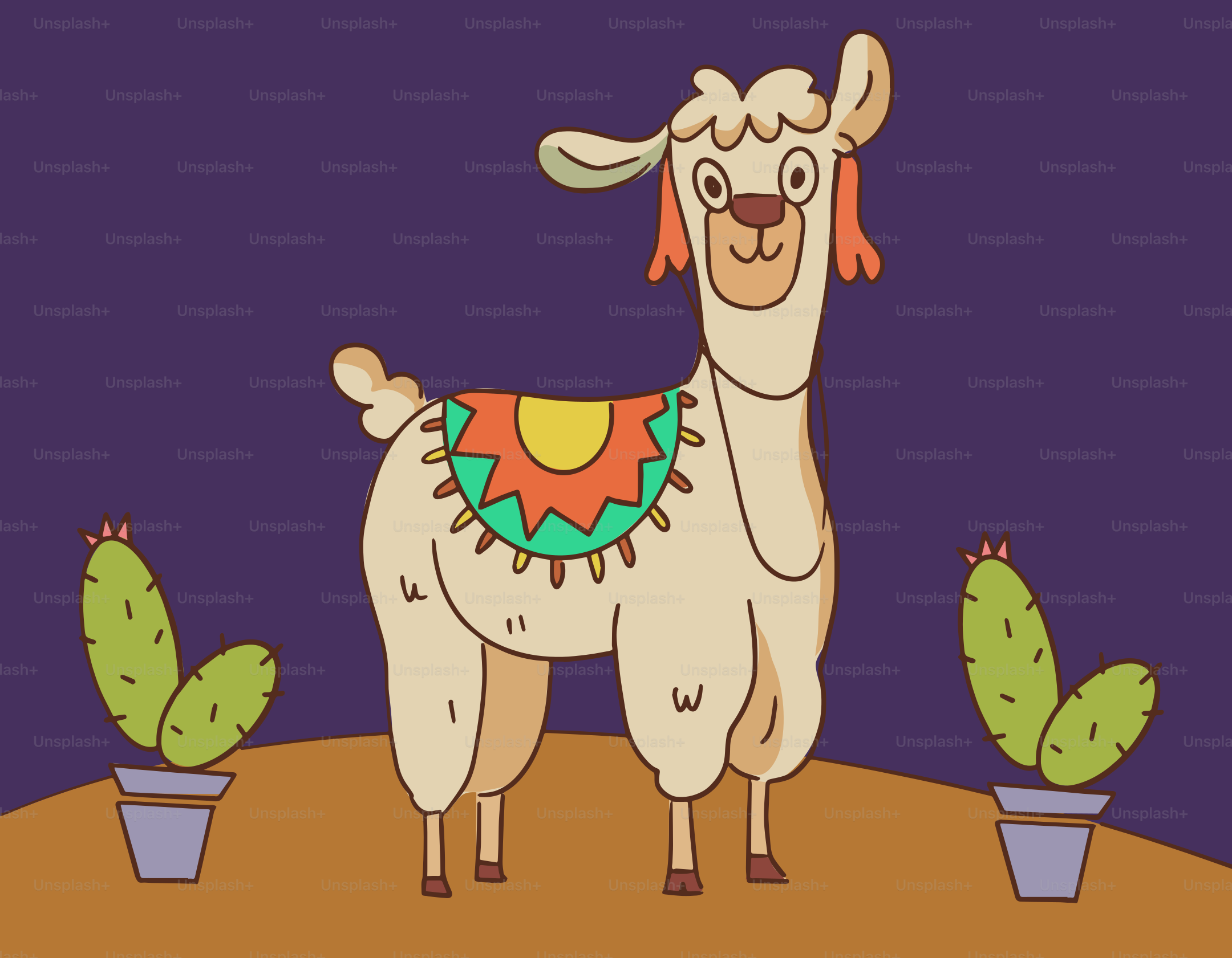 A smiling llama stands between two cacti.