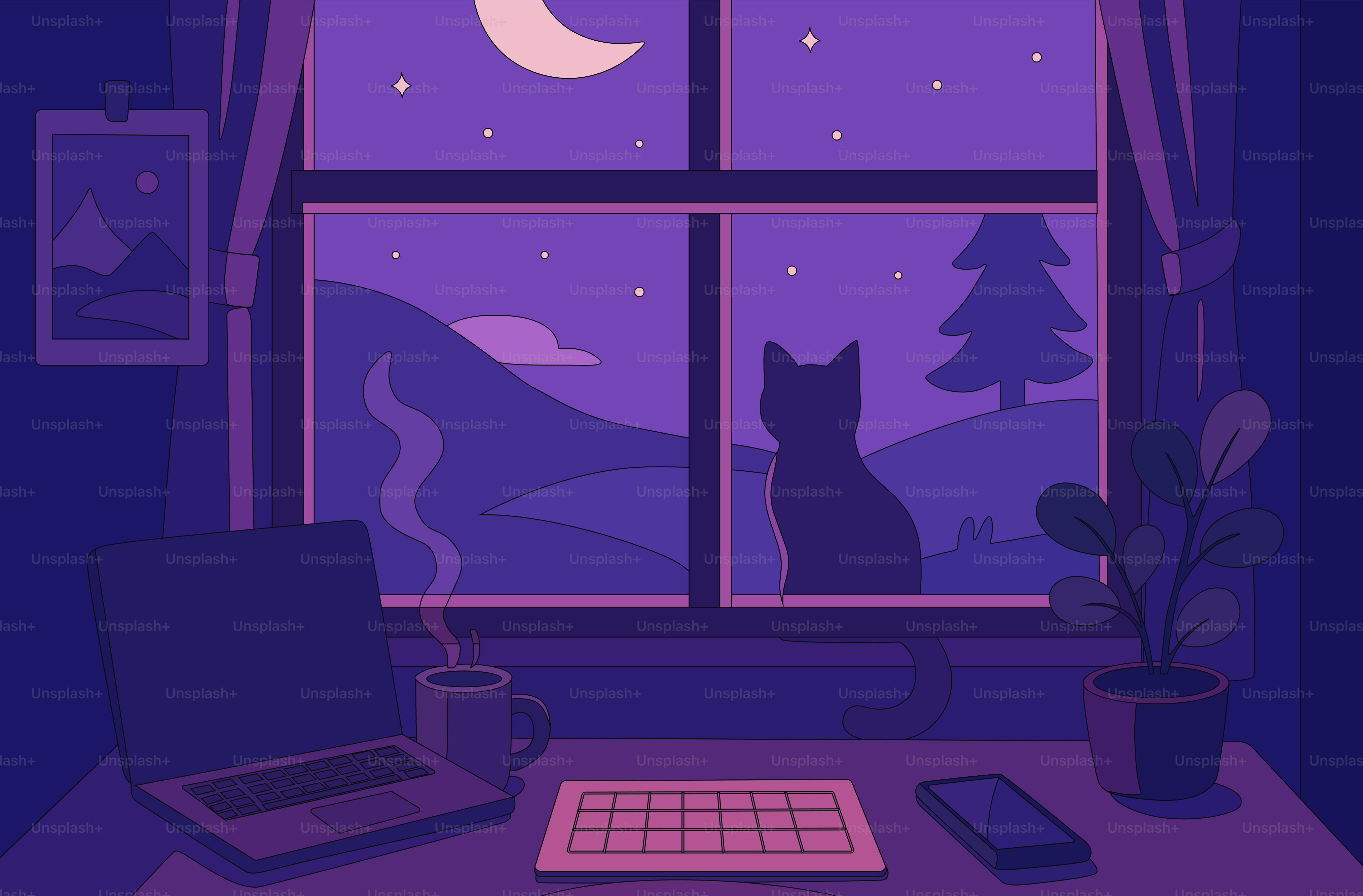 Cozy night scene with a cat looking at the moon.