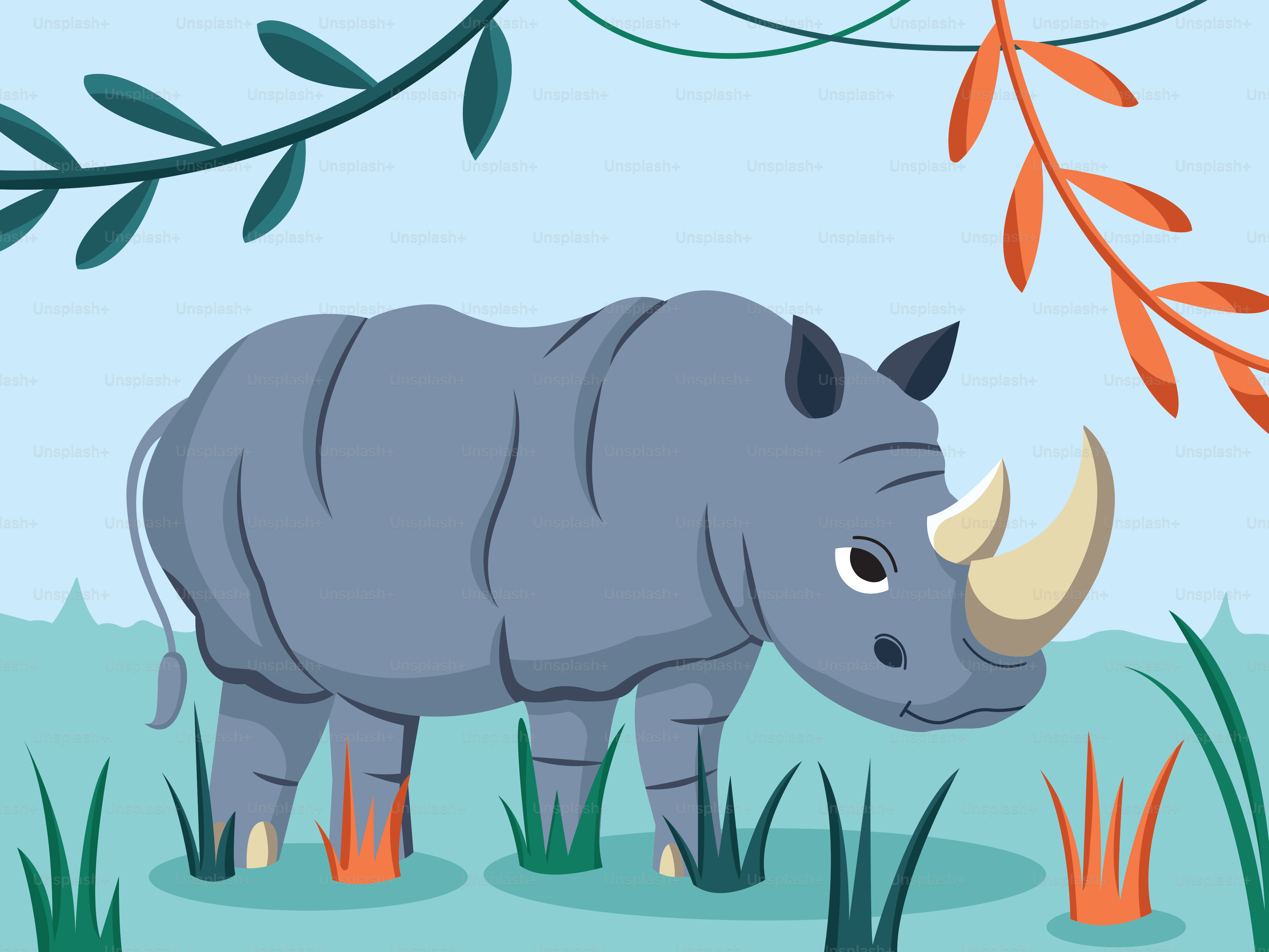 A cute rhino stands in the jungle.