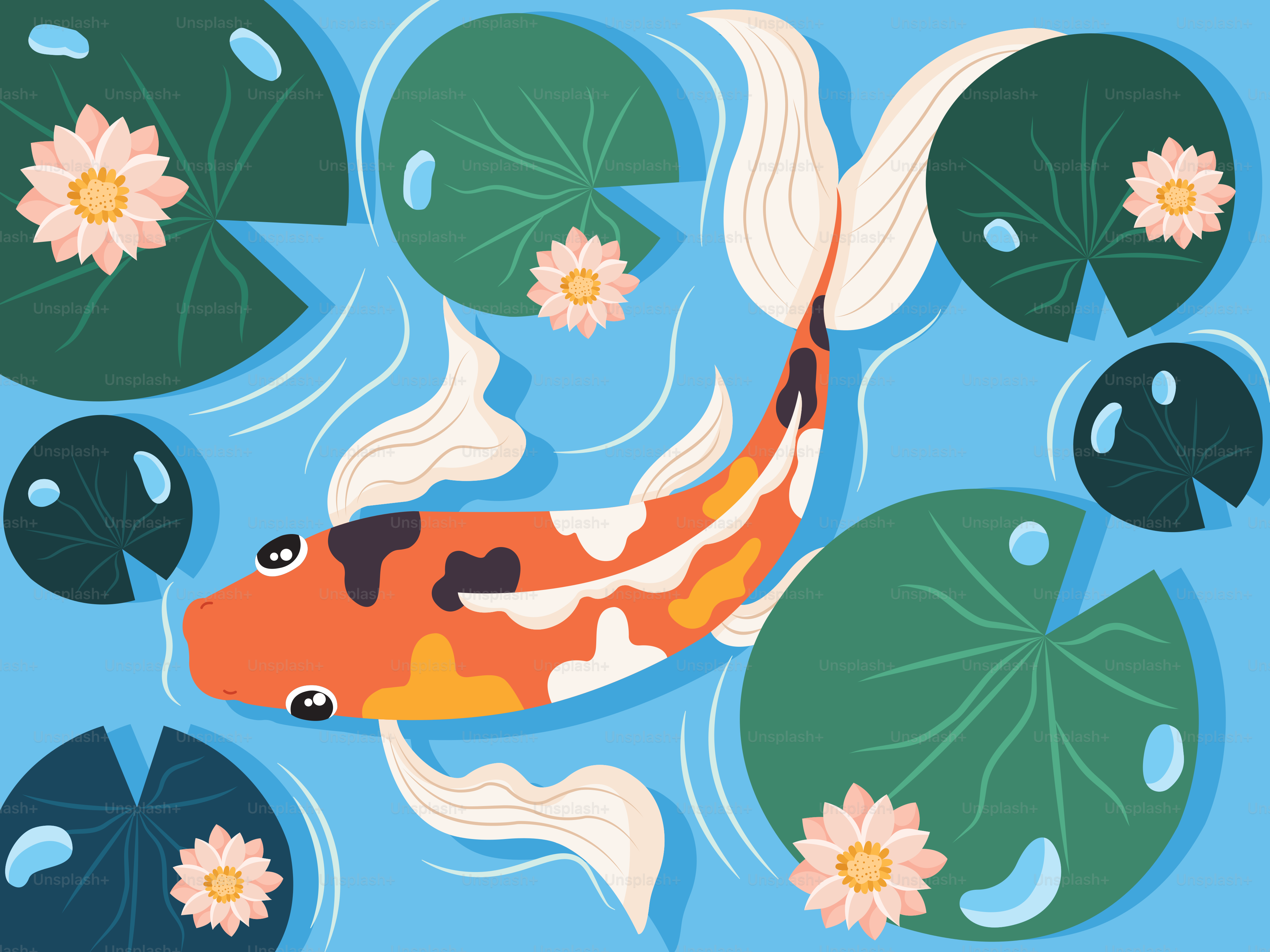 A colorful koi fish swims among lily pads.