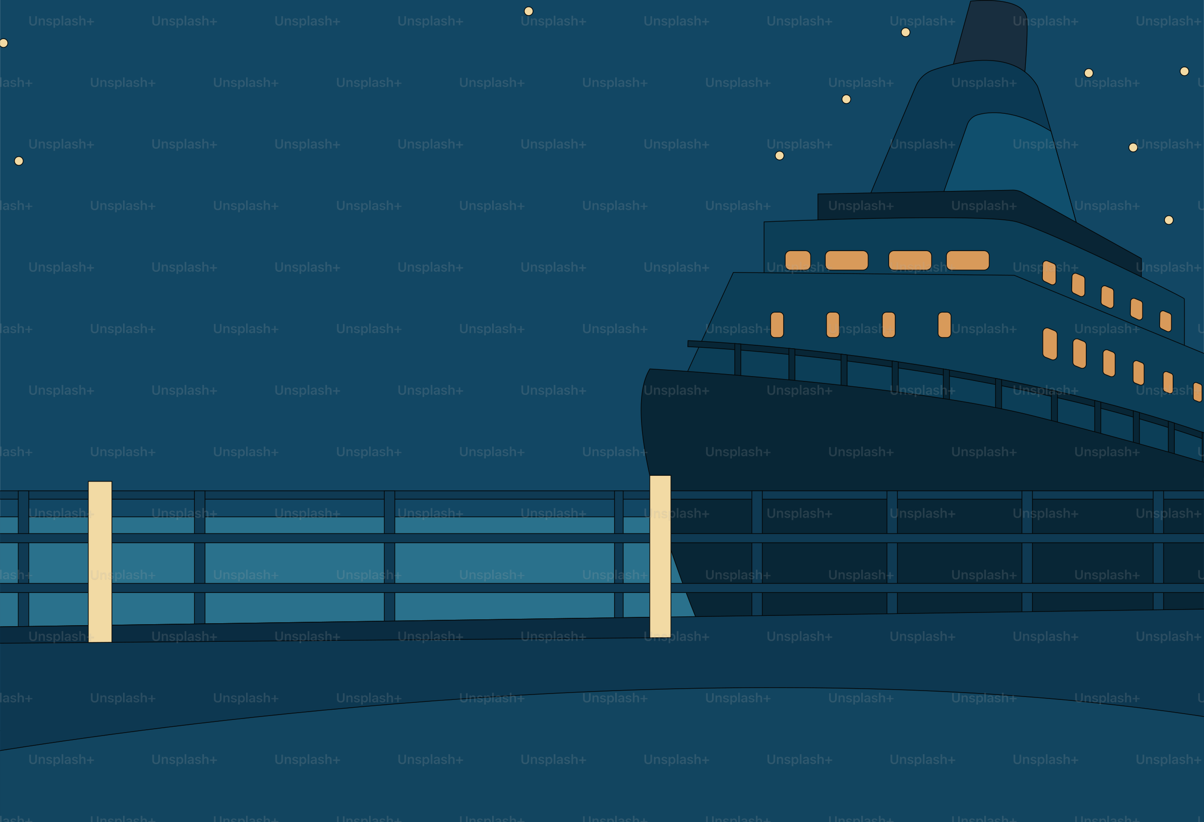 A ship is docked at night under a starry sky.