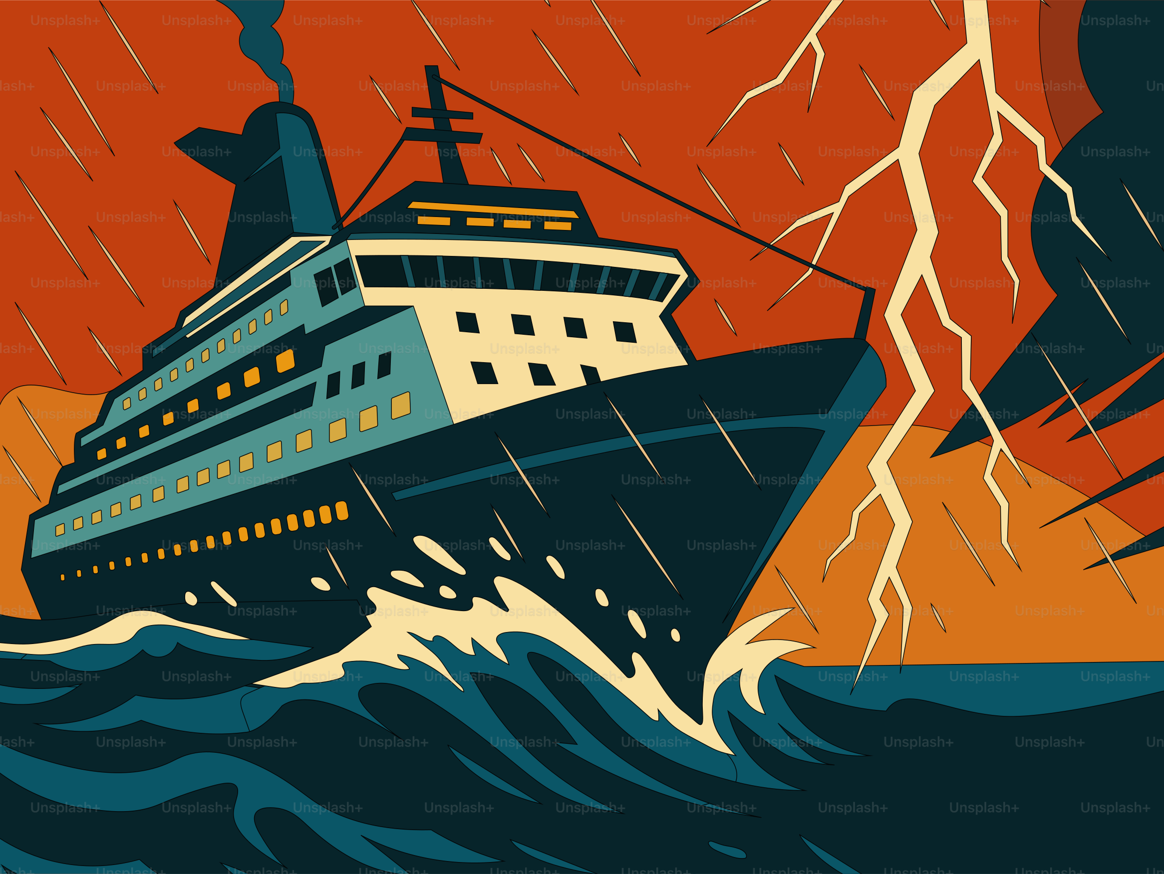 A cruise ship battles a storm at sea.
