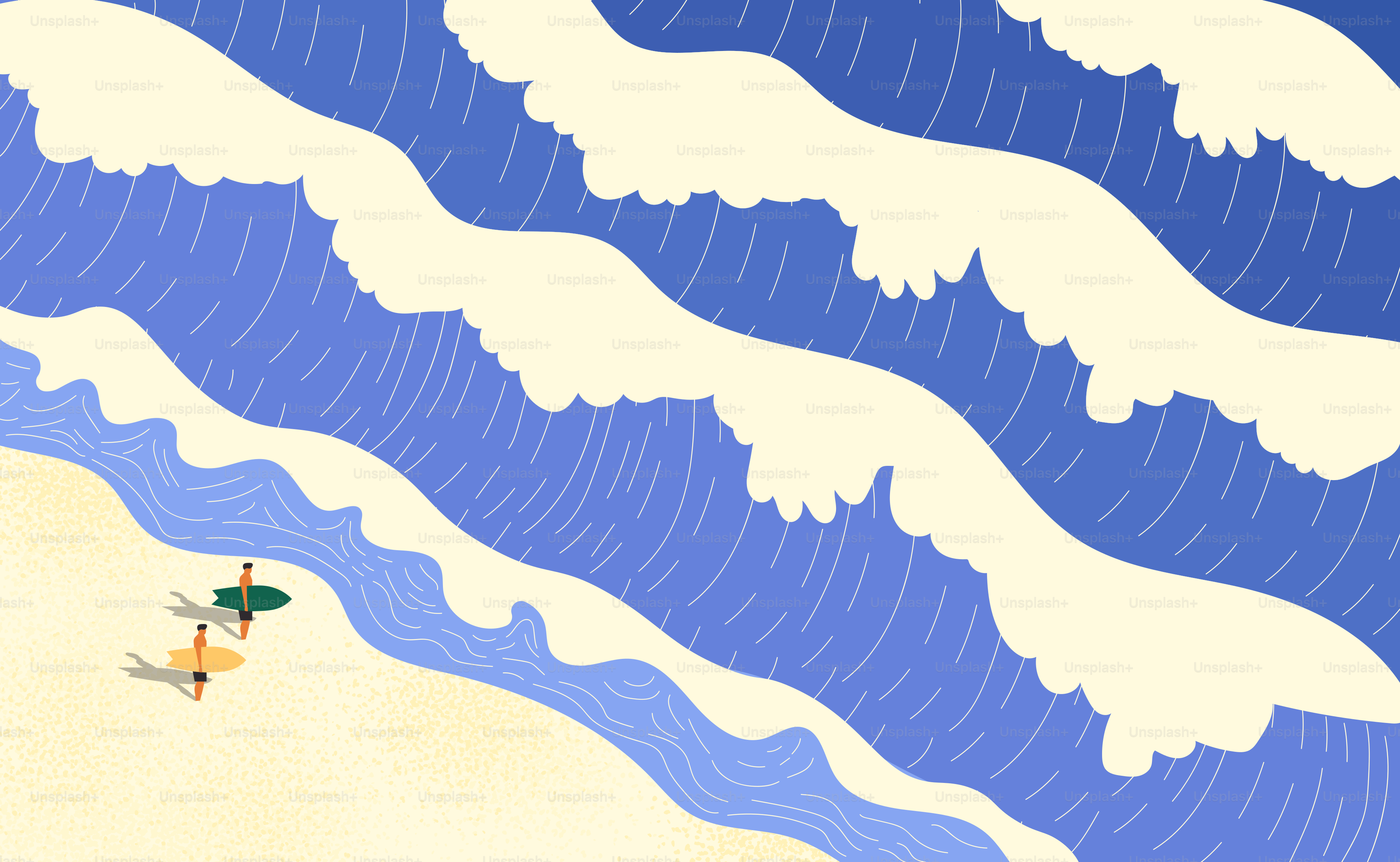 Surfers ride waves on a beautiful beach.