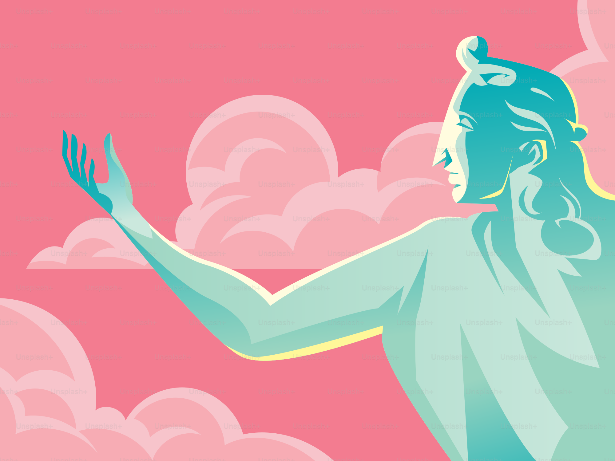 A statue reaches toward a pink, cloudy sky.