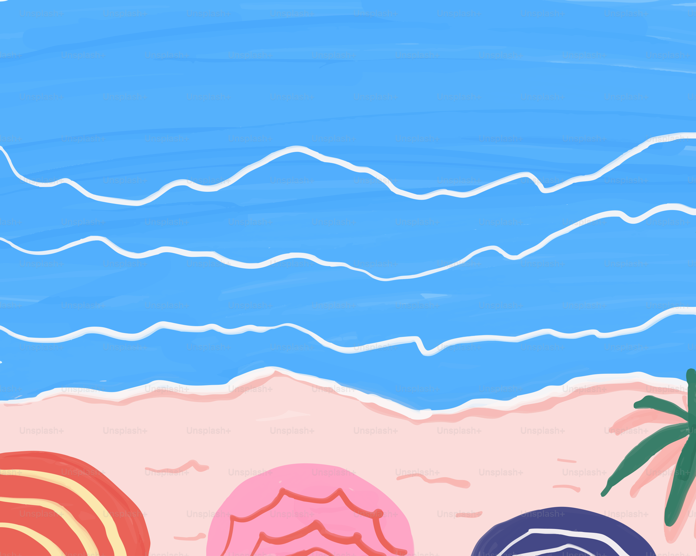 Eine sonnige Strandszene mit Sonnenschirmen.