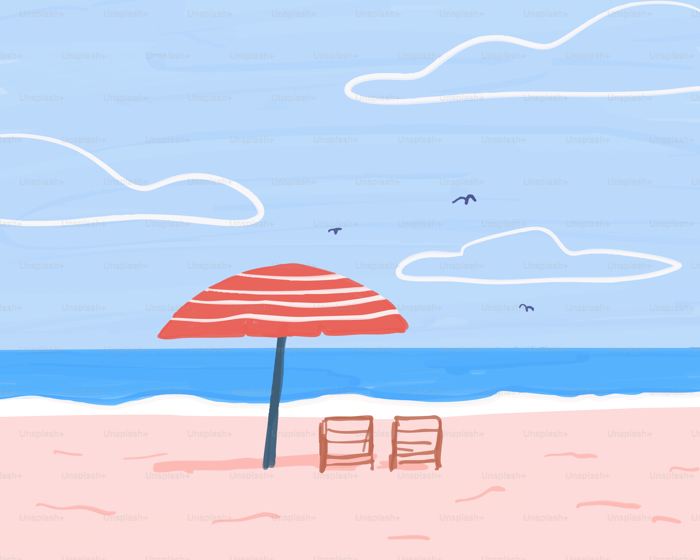 Beach umbrella and chairs on a sunny day.