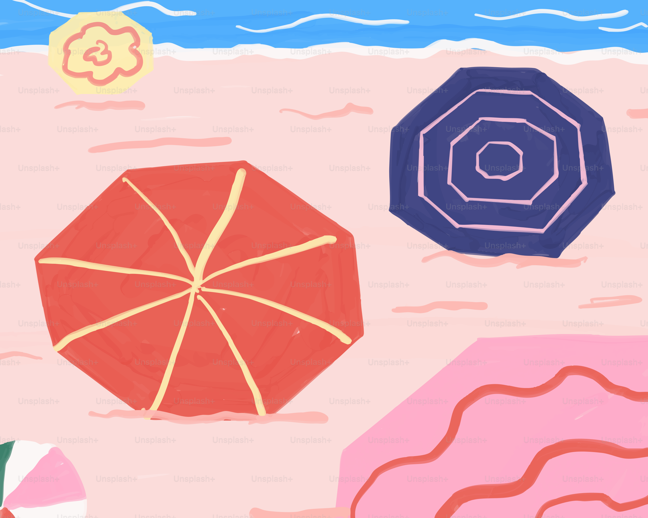 Strandschirme säumen ein sonniges Ufer.