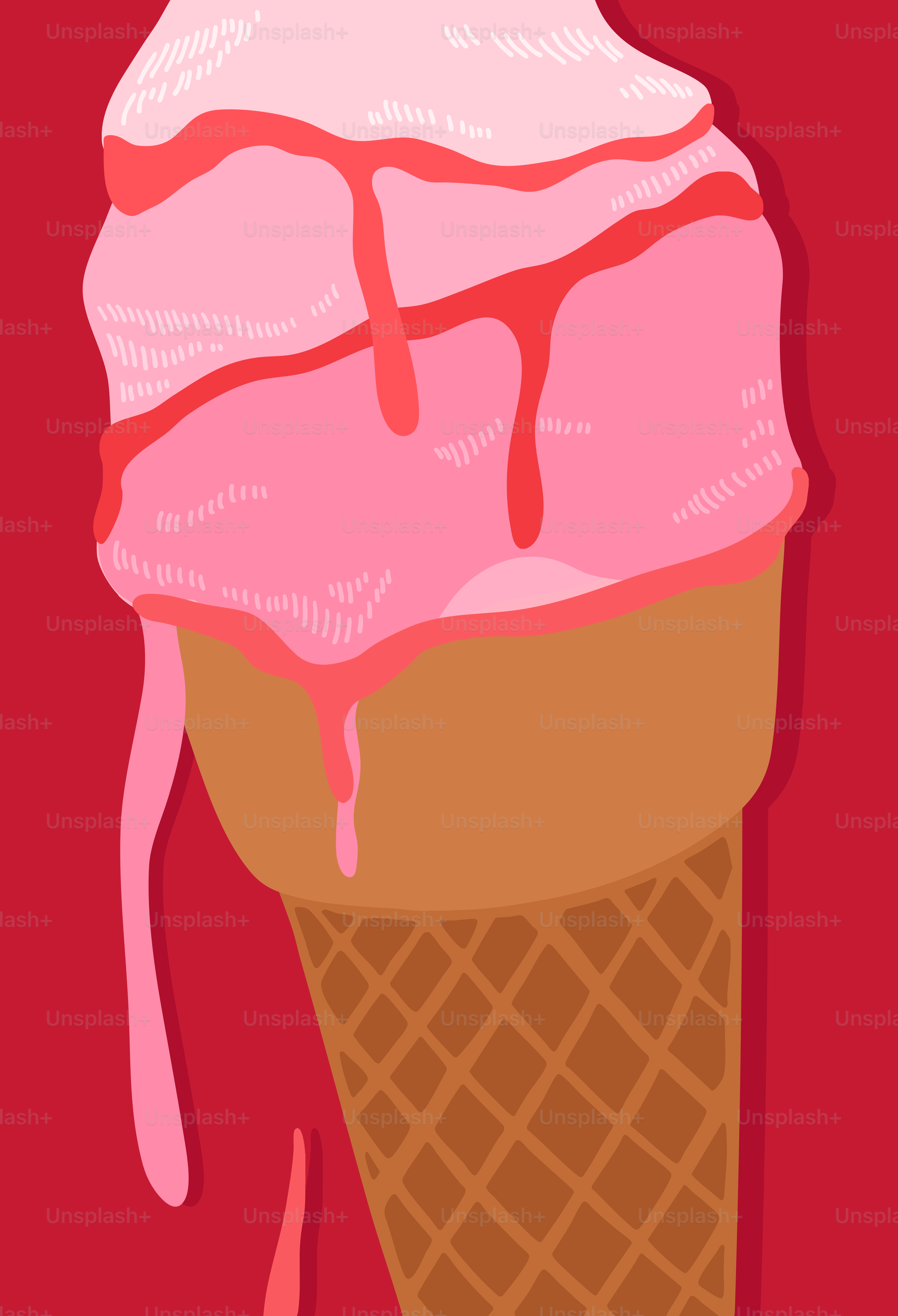 Strawberry ice cream in a waffle cone.