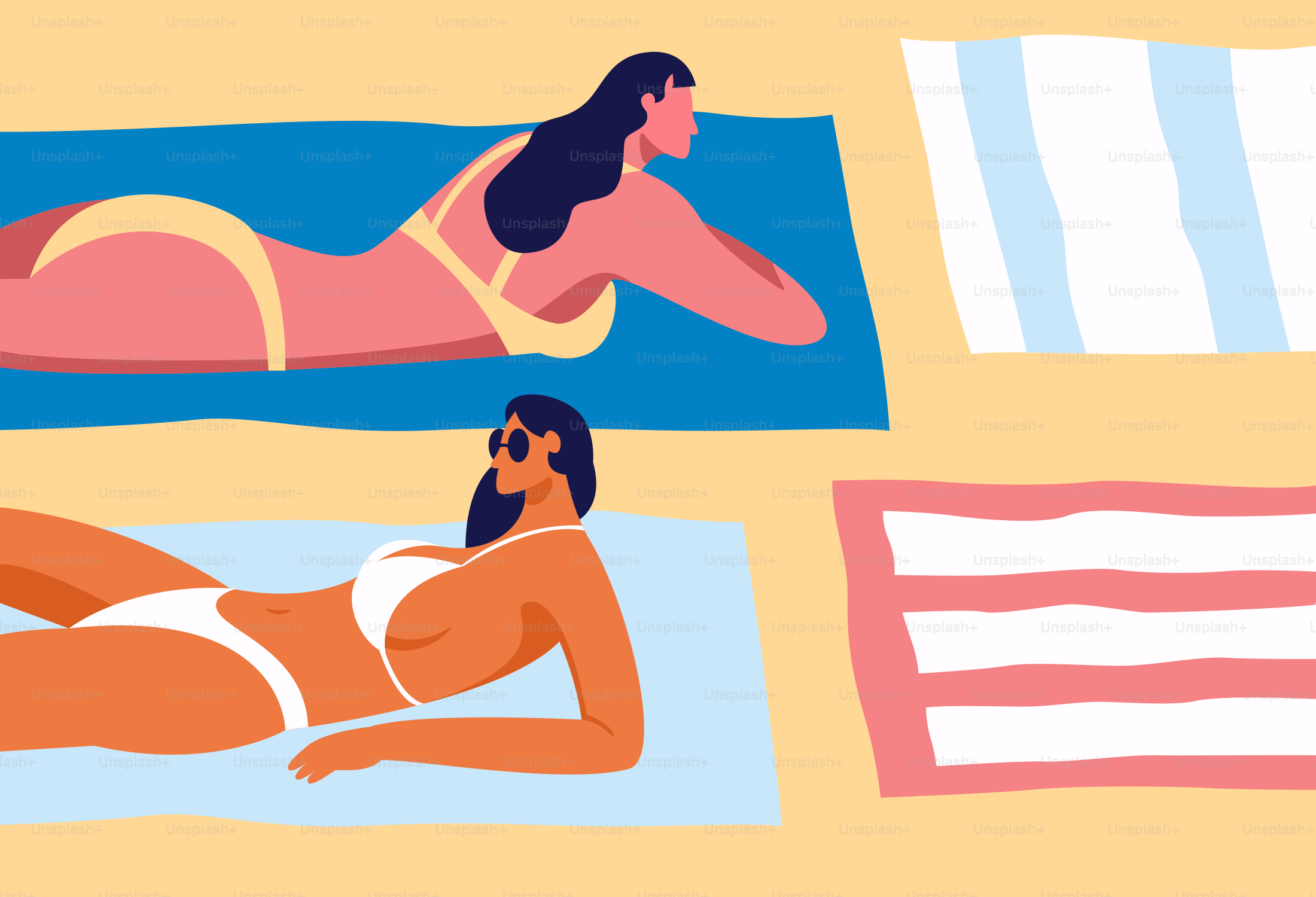 女性たちはビーチで日光浴をしています。