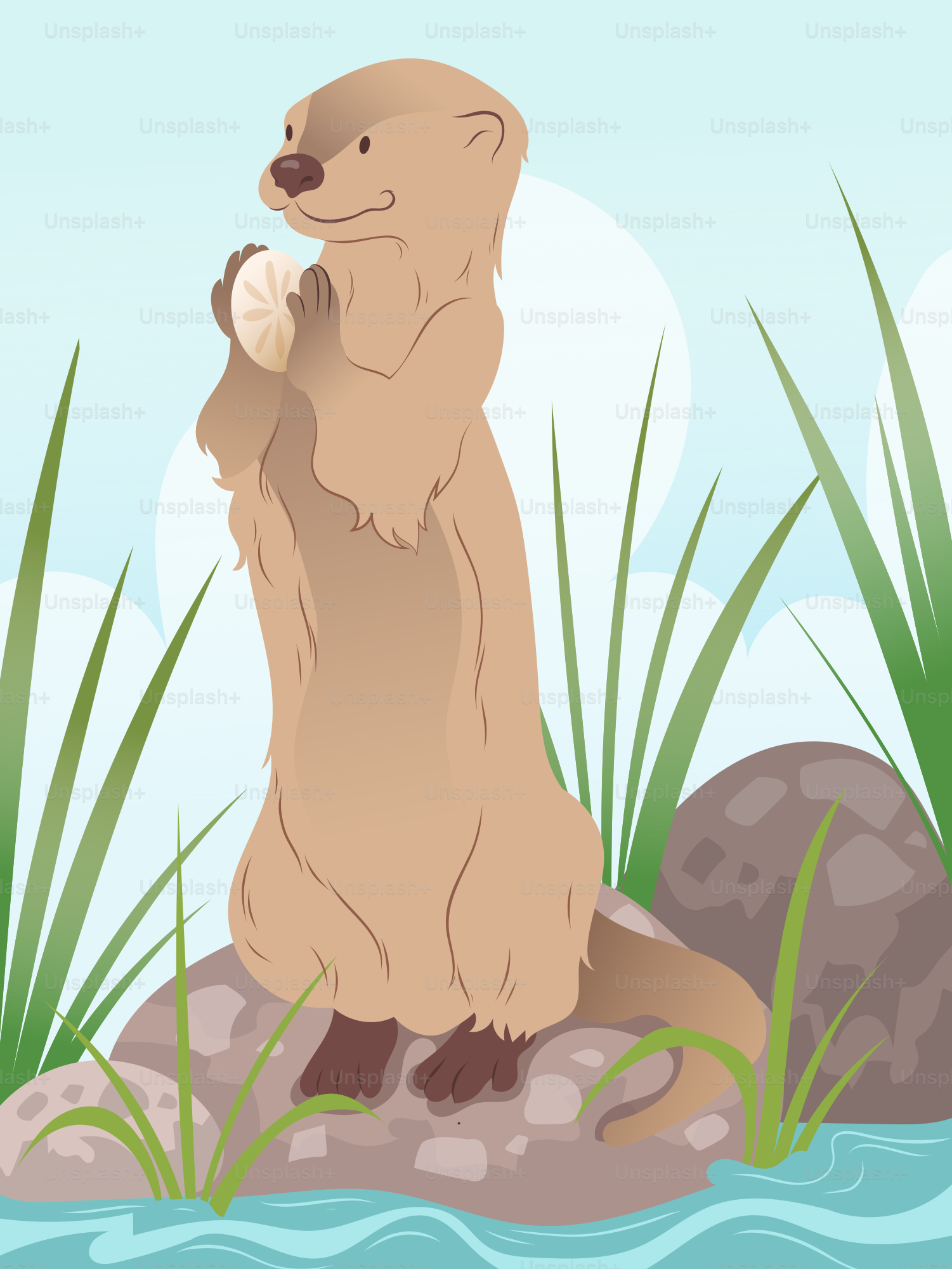 An otter holds a shell while standing on rocks.