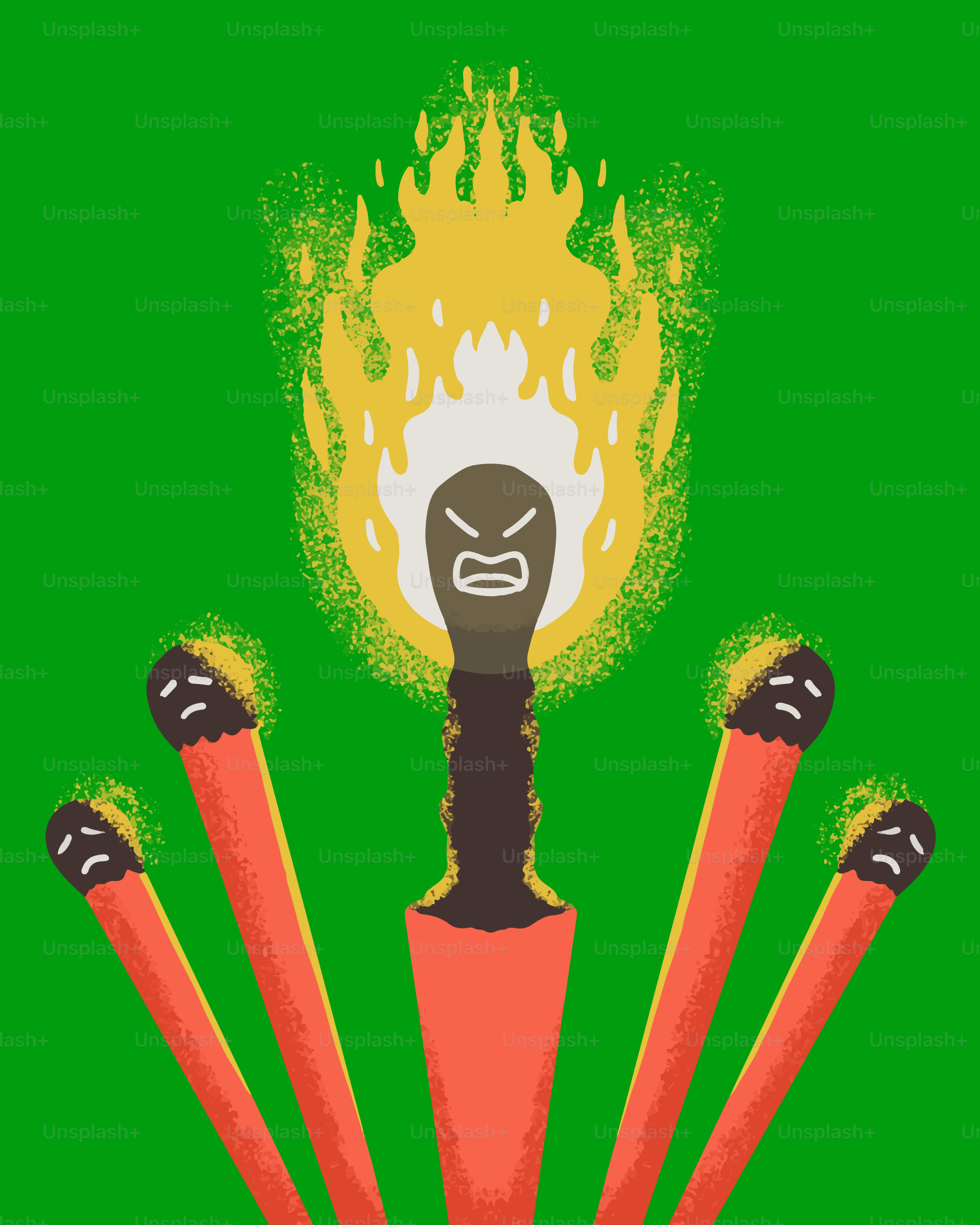 An angry match ablaze surrounded by matches.