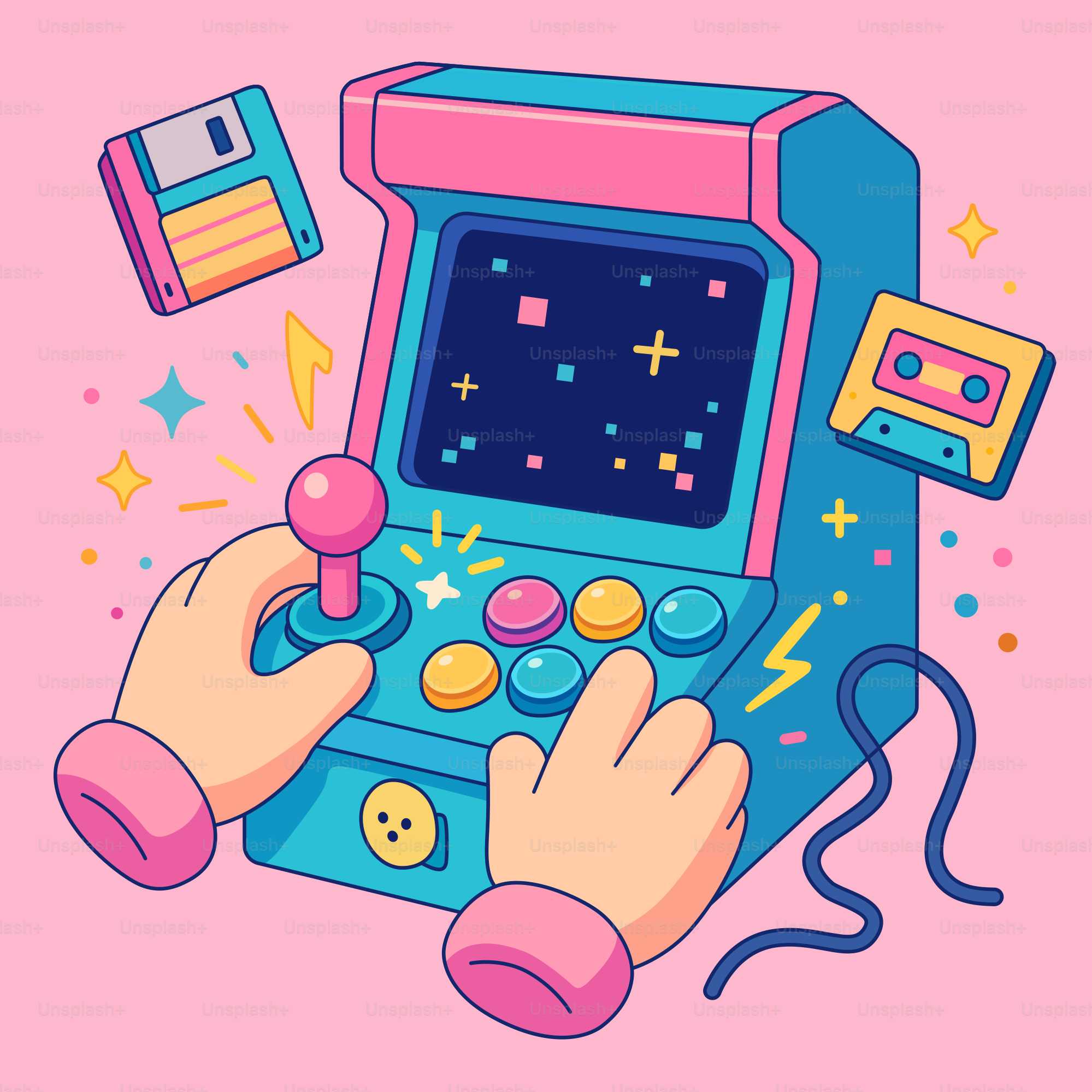 Playing an arcade game with retro elements.
