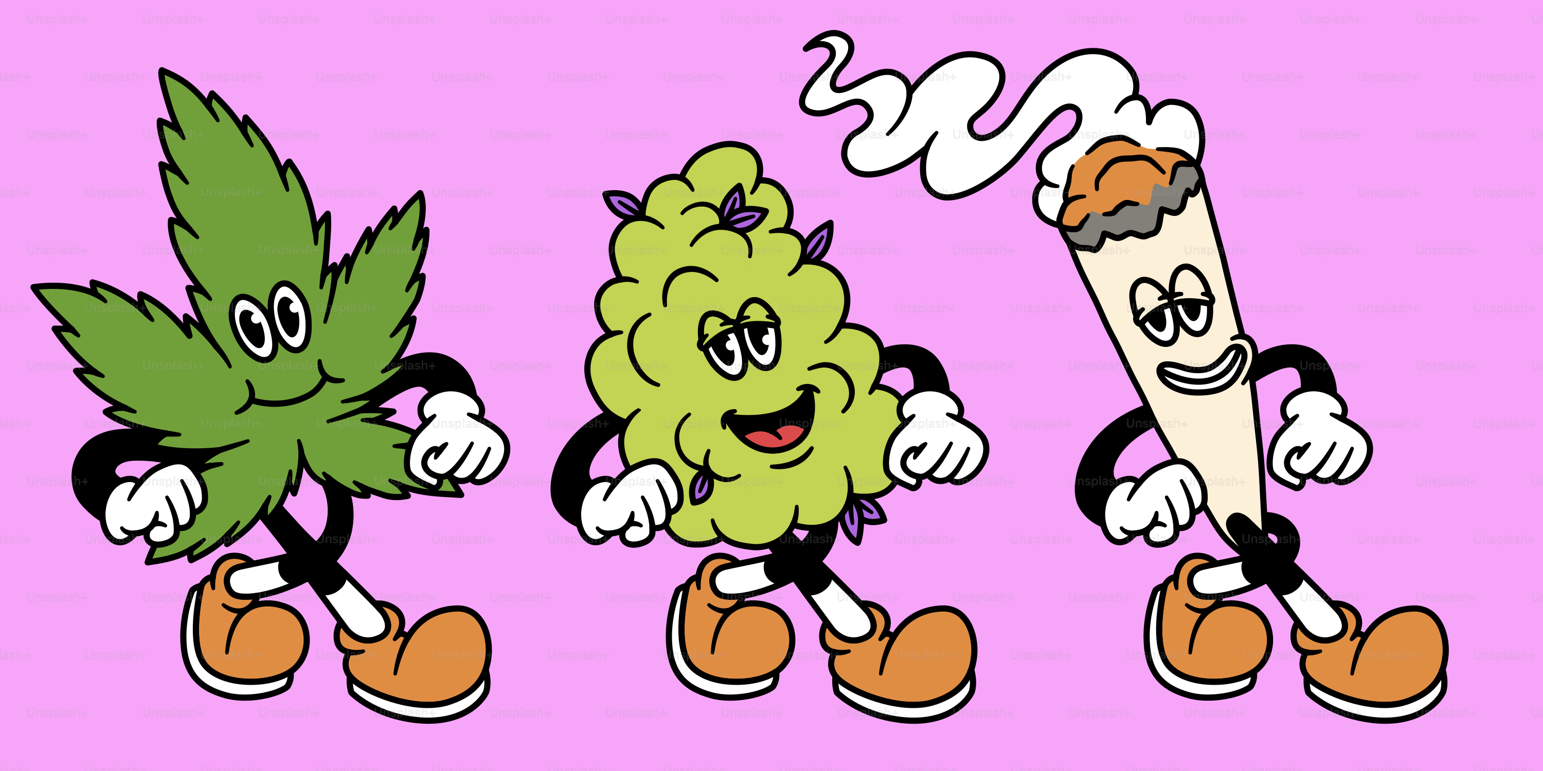 Simpatici personaggi dei cartoni animati sulla cannabis stanno camminando.