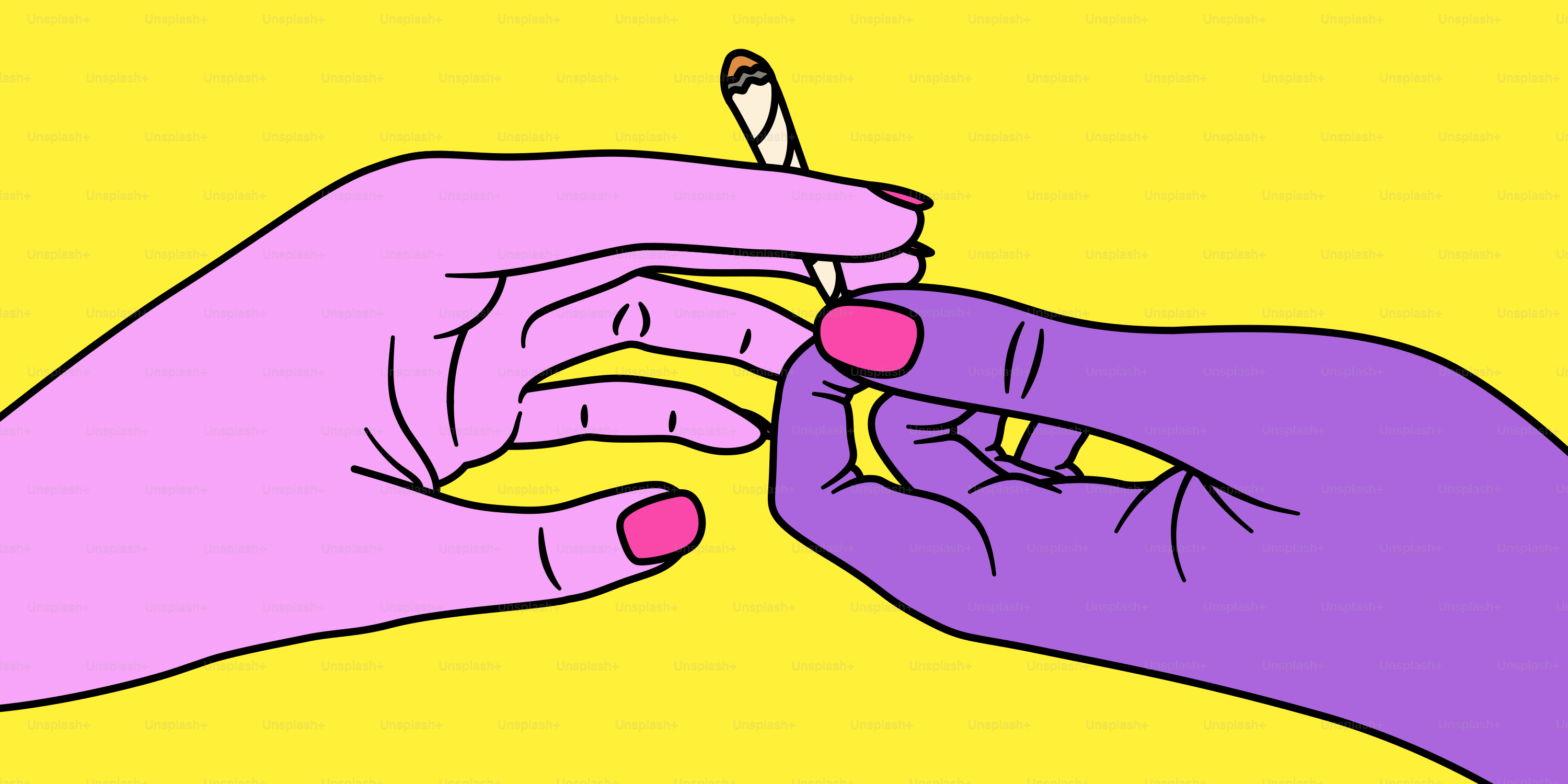 Hands are passing a rolled cigarette.