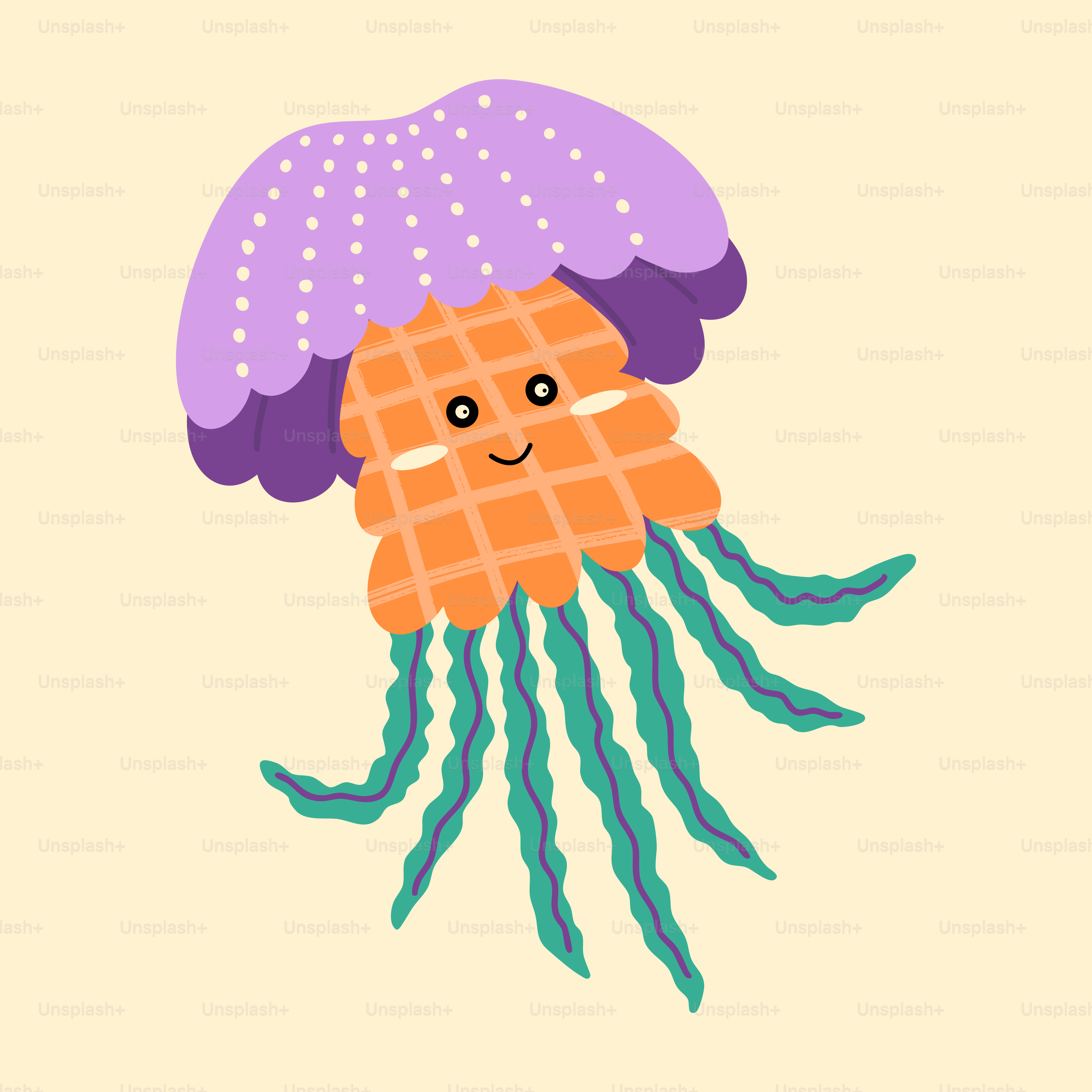 Uma água-viva fofa e de desenho animado está flutuando no oceano.