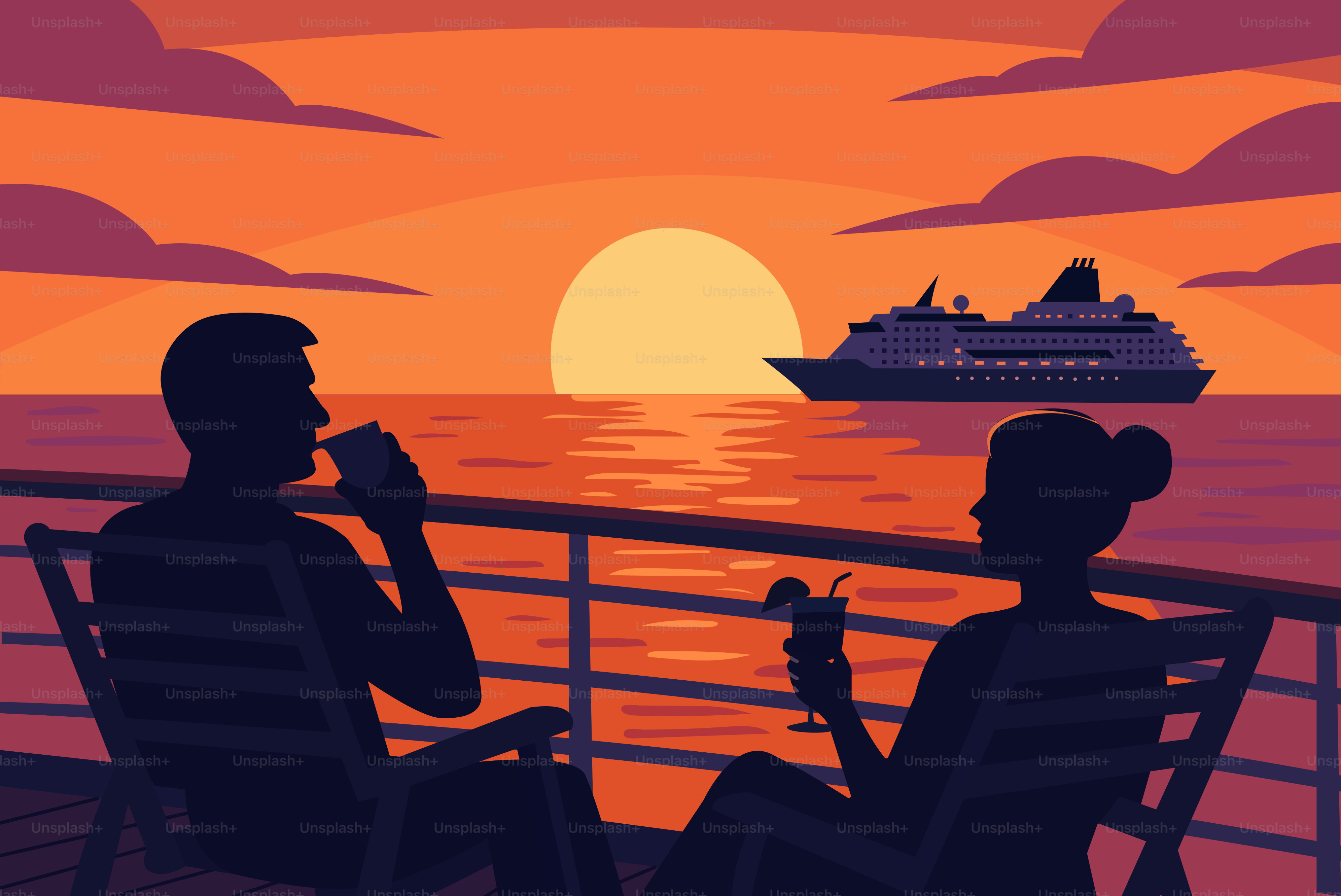 Couple enjoying sunset cruise with ocean views.