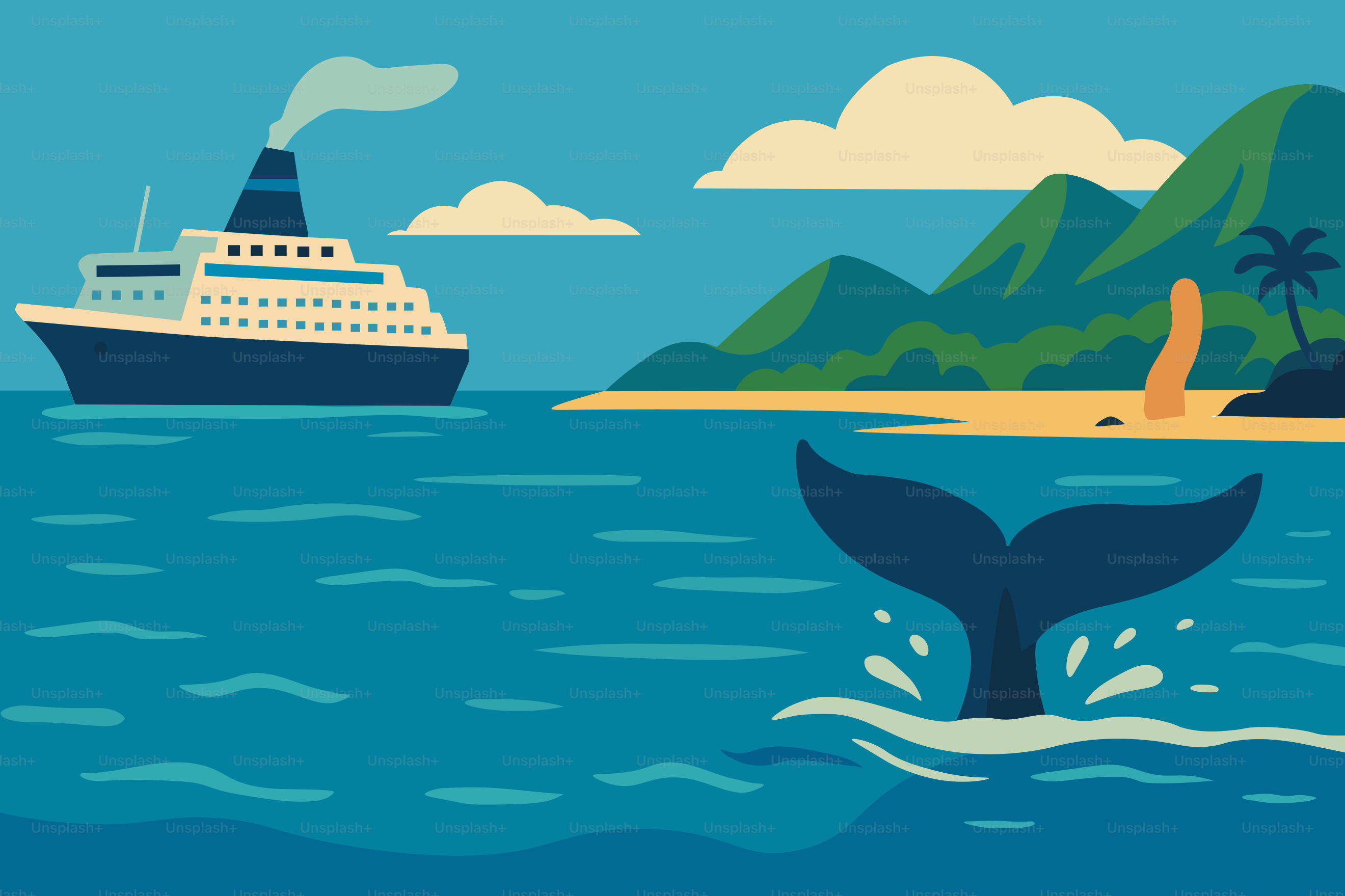 A whale dives near a cruise ship and tropical island.