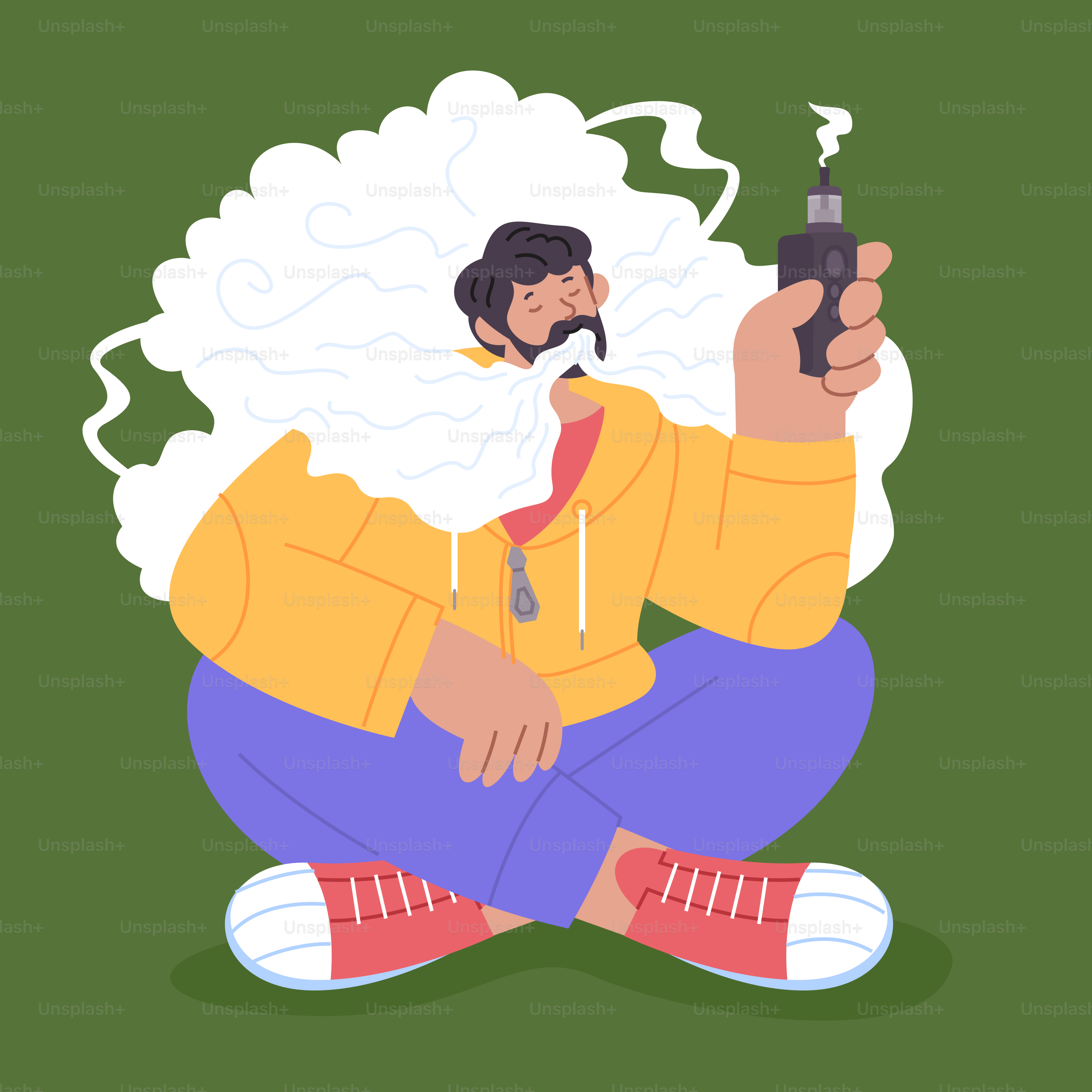 A man vapes, surrounded by thick vapor.