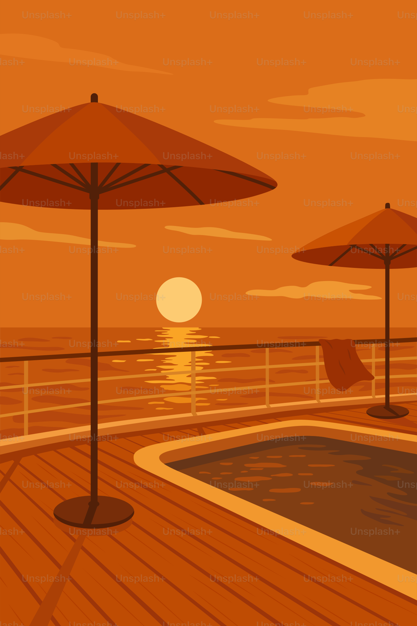 Tramonto su una piscina con ombrelloni e asciugamano.
