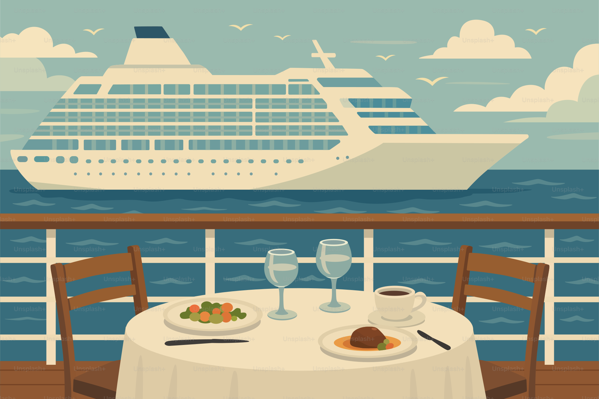 La cena se sirve en un barco con vistas al océano.