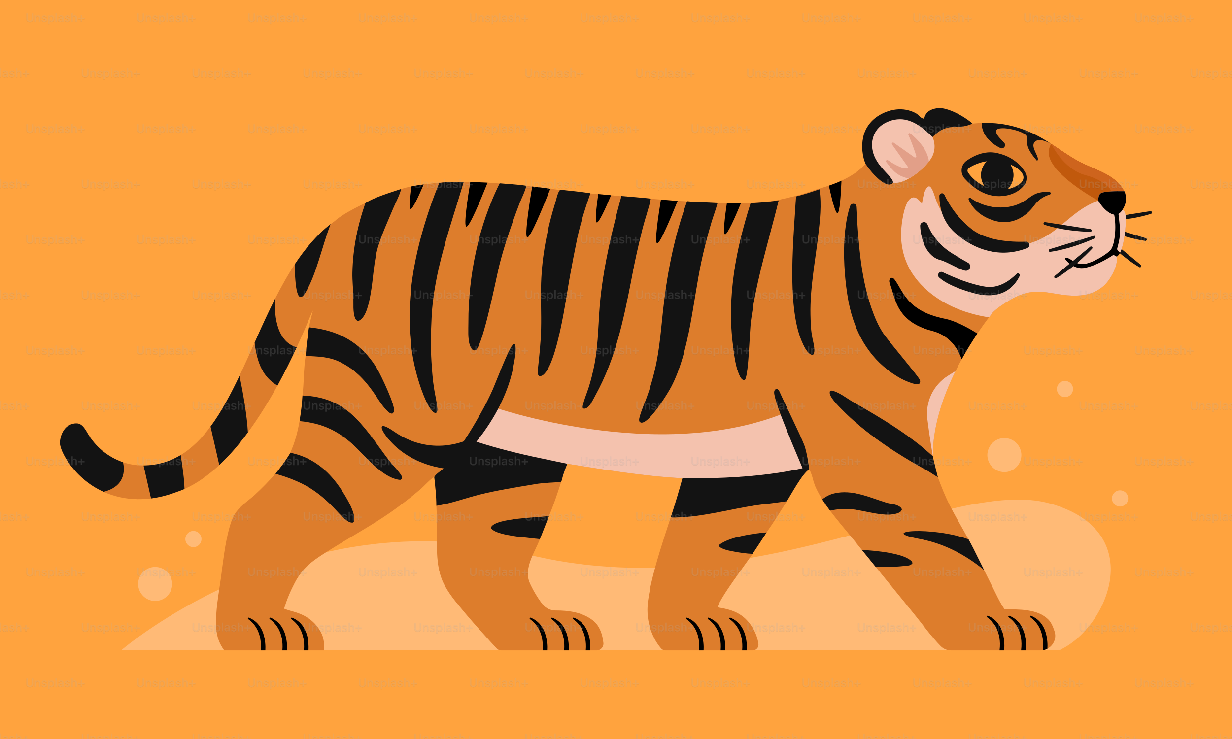 Un tigre de dessin animé traverse le fond orange.