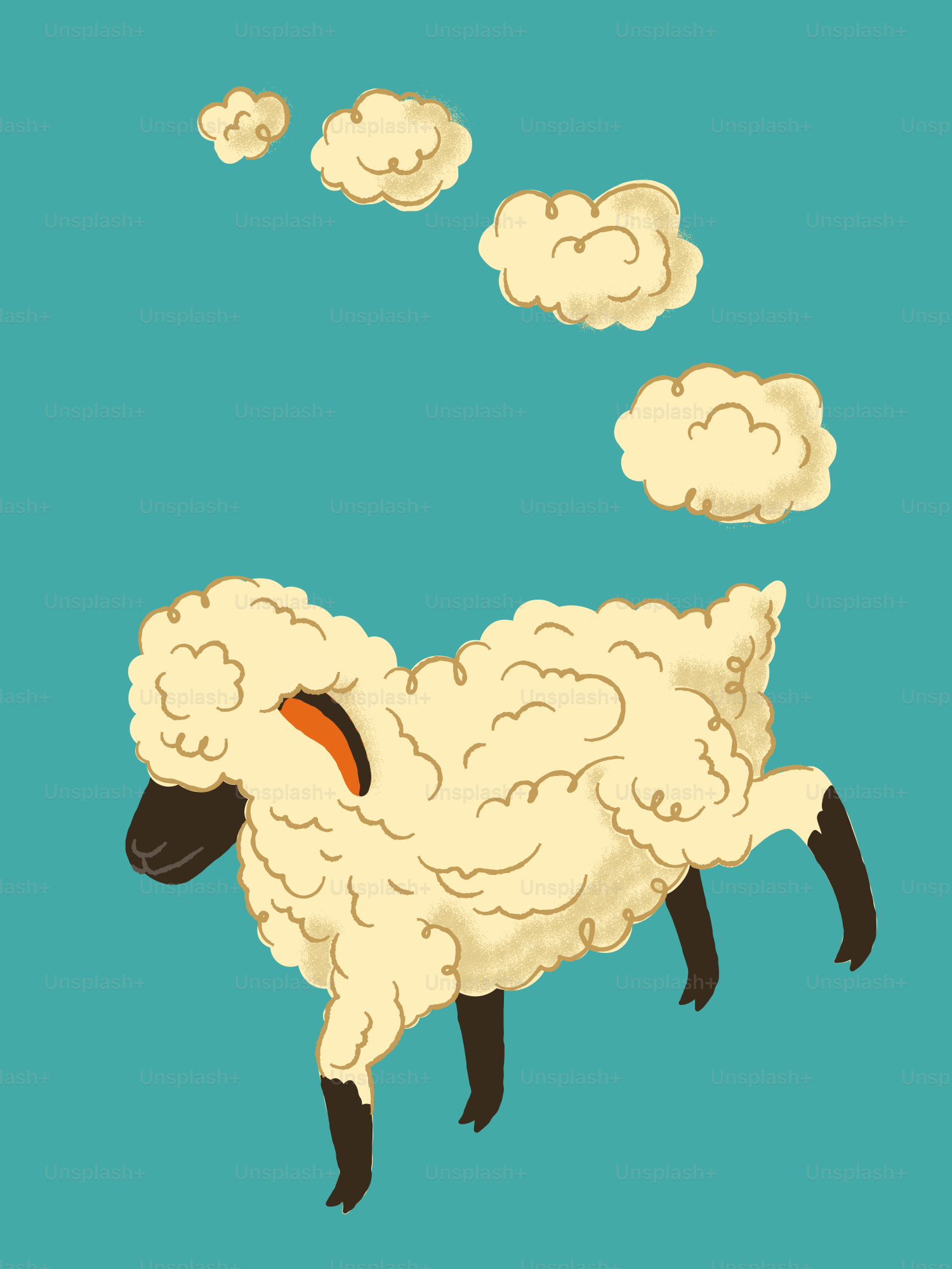 A sheep jumps over cloud-shaped thoughts.