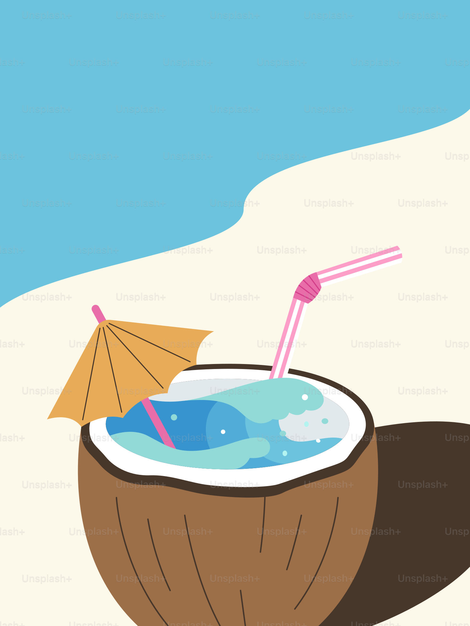 A refreshing coconut drink on a sandy beach.