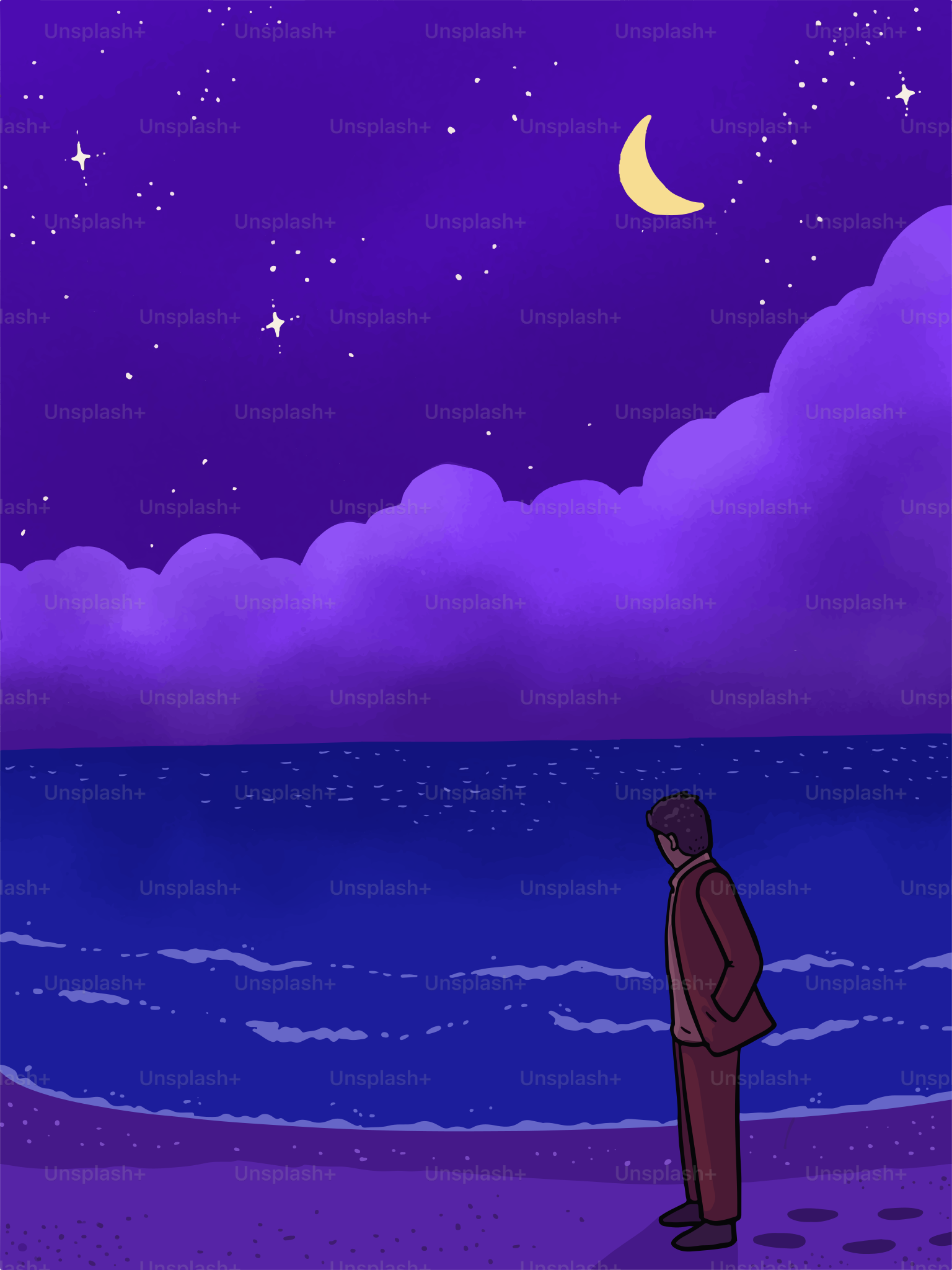 A man contemplates the night sky over the ocean.
