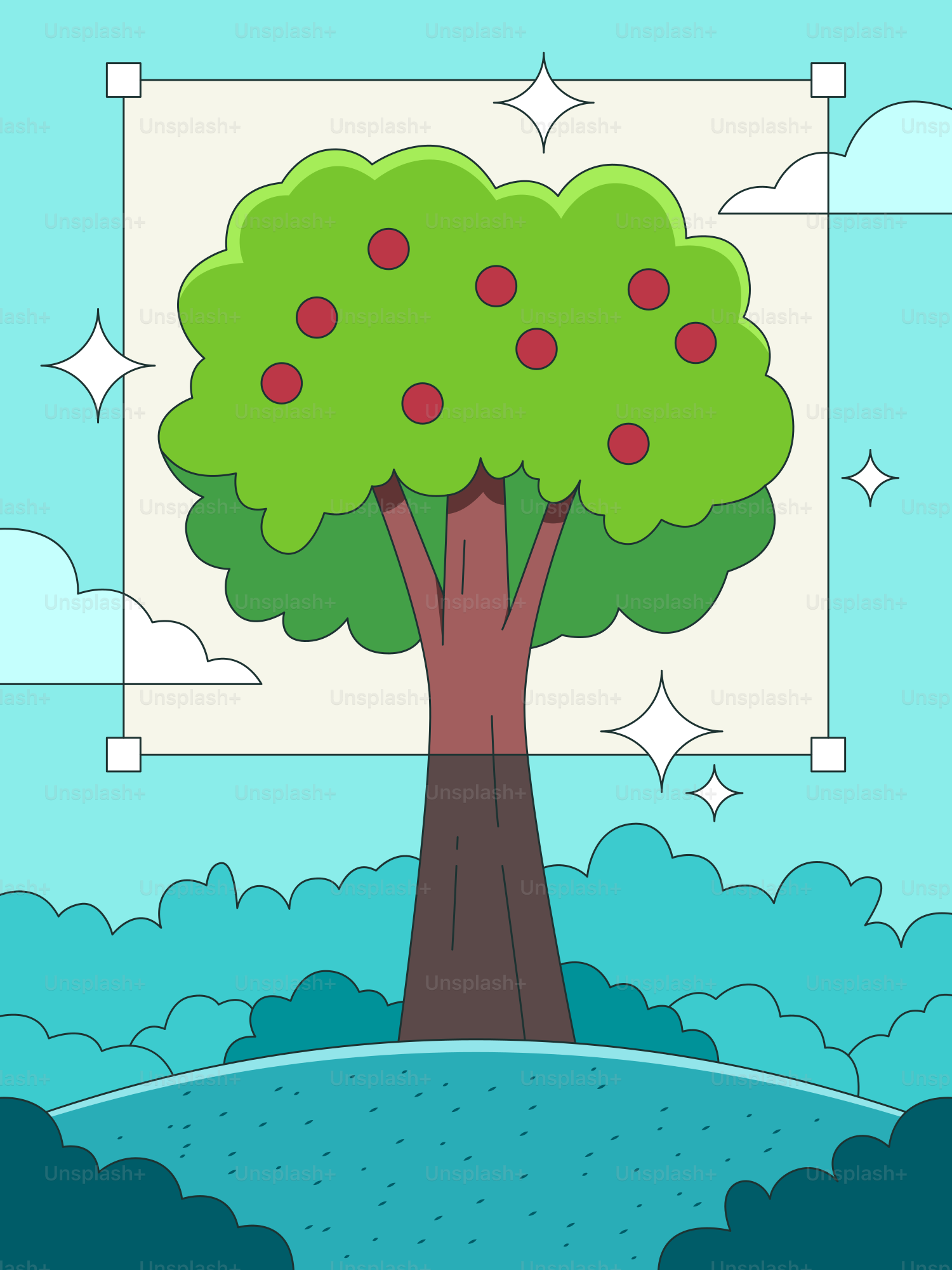 A cartoon apple tree sits on a green hill.
