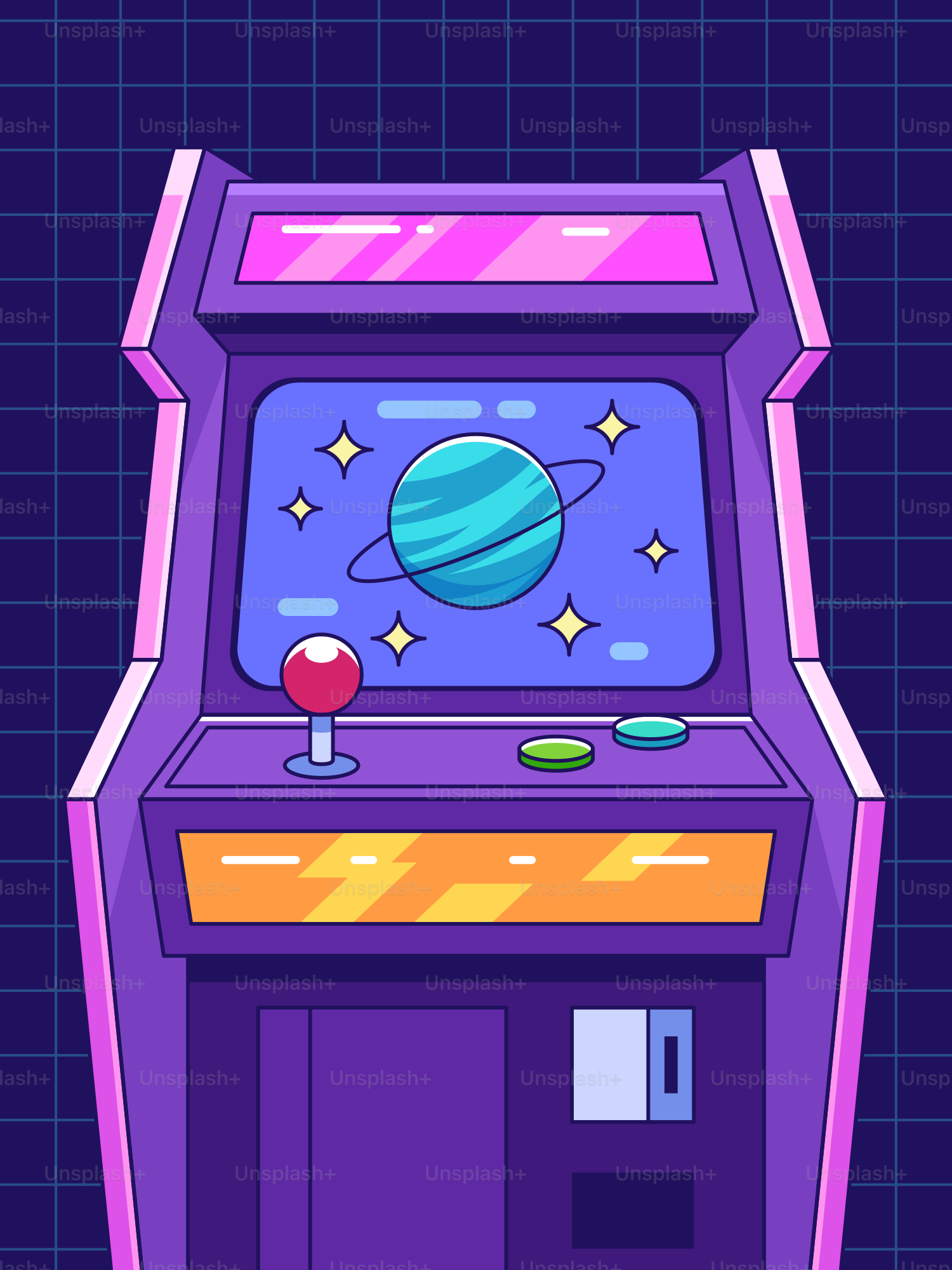 Une borne d’arcade violette avec un jeu spatial.