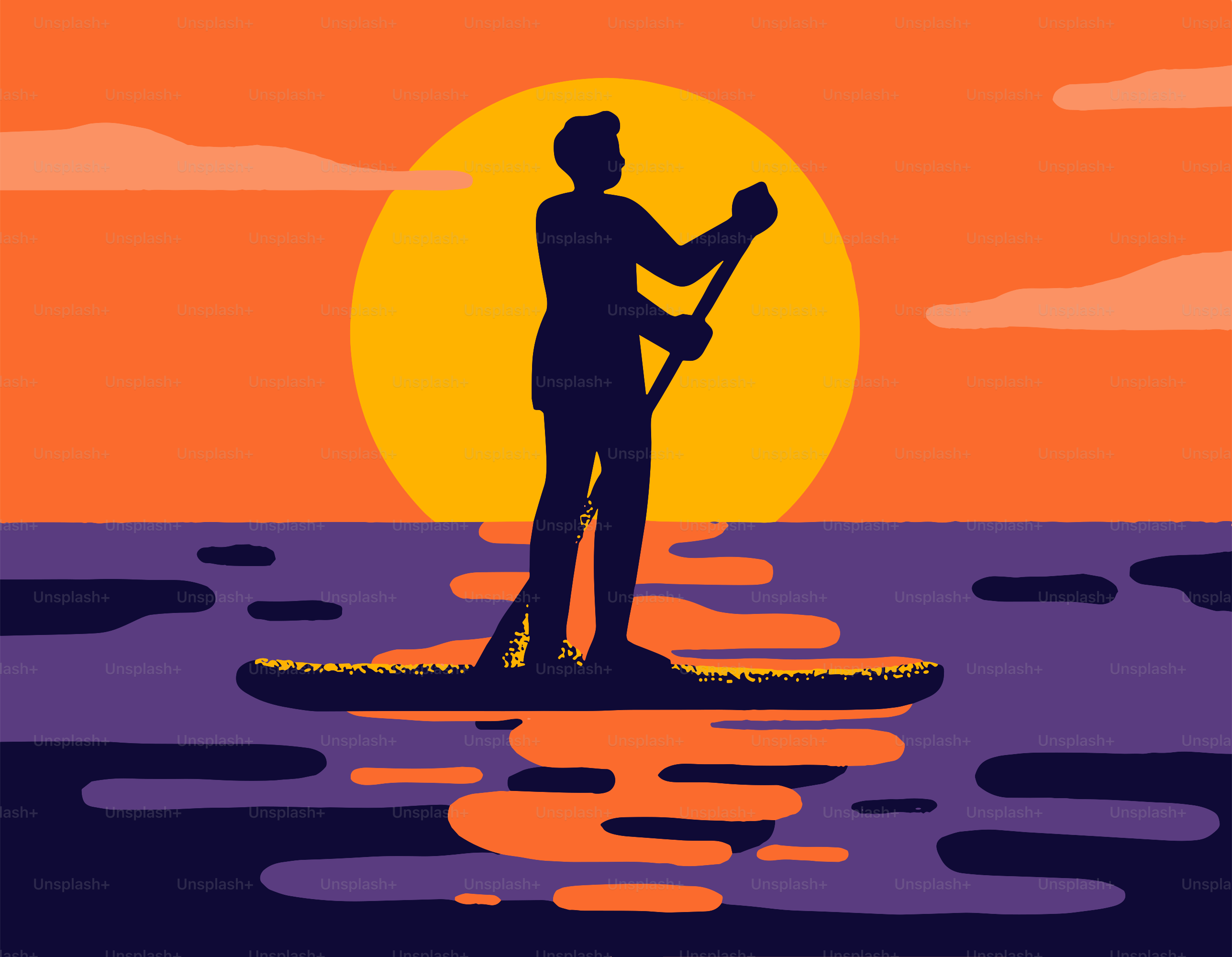 Paddleboarder silhouetted at sunset.