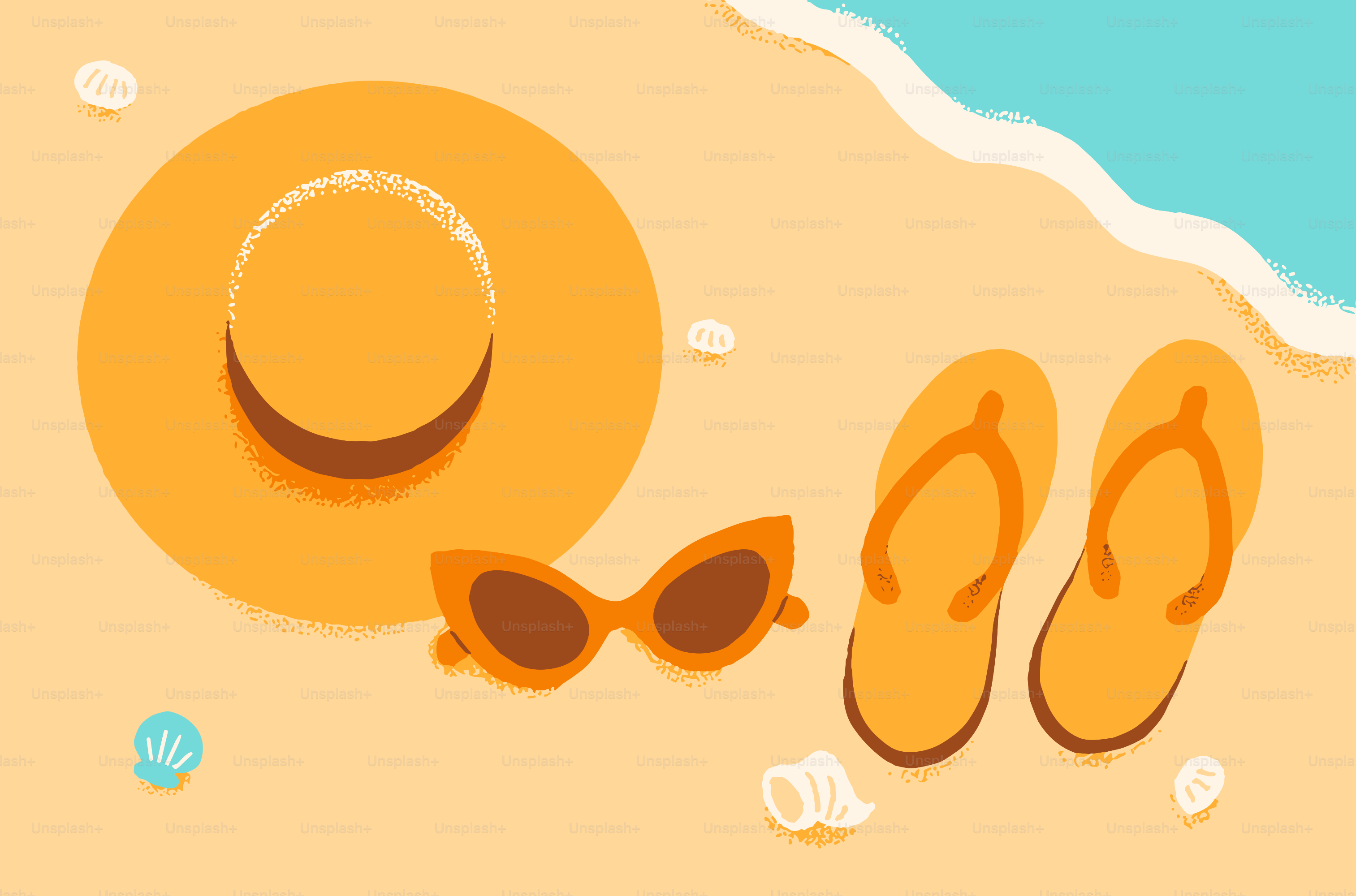 Beach accessories: hat, sunglasses, and flip-flops.