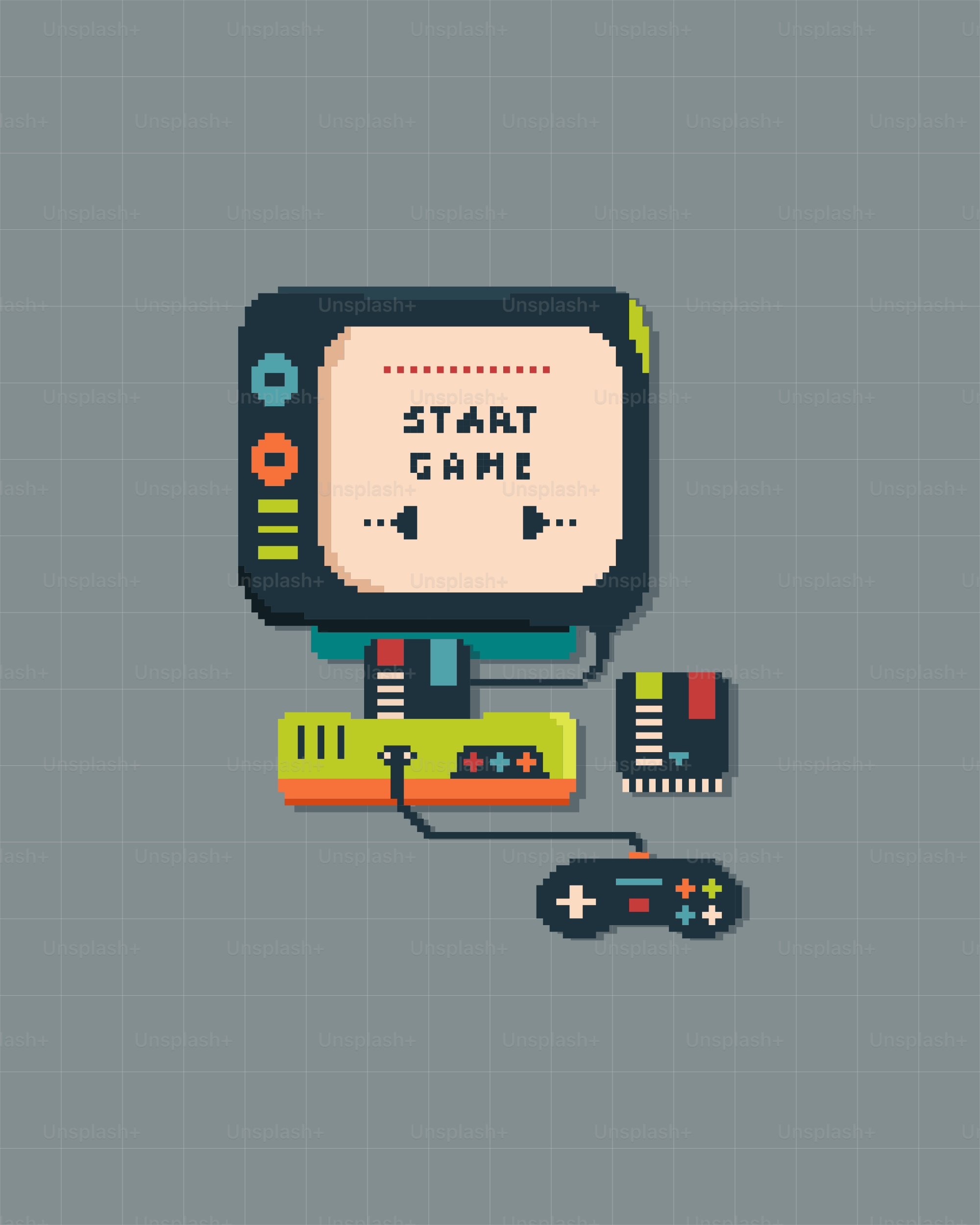 An 8-bit console displays "start game".