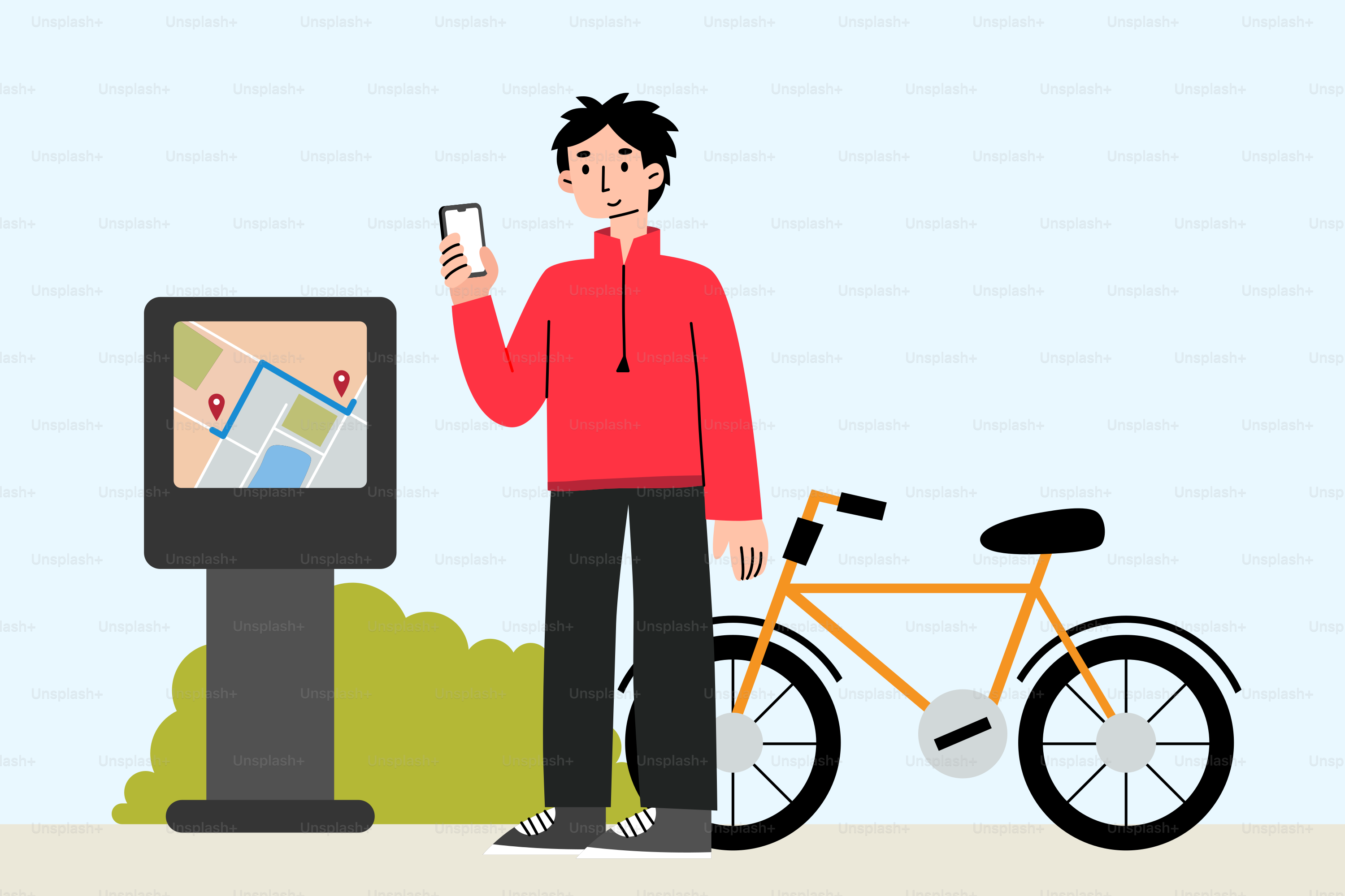 L'uomo controlla l'app della mappa e si prepara per un giro in bicicletta.