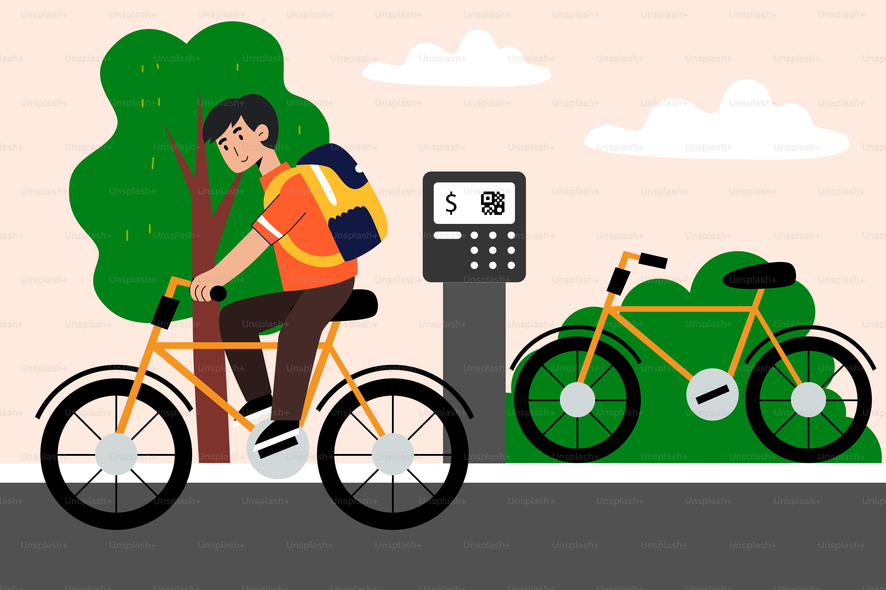 A person rides a bike next to a bike station.