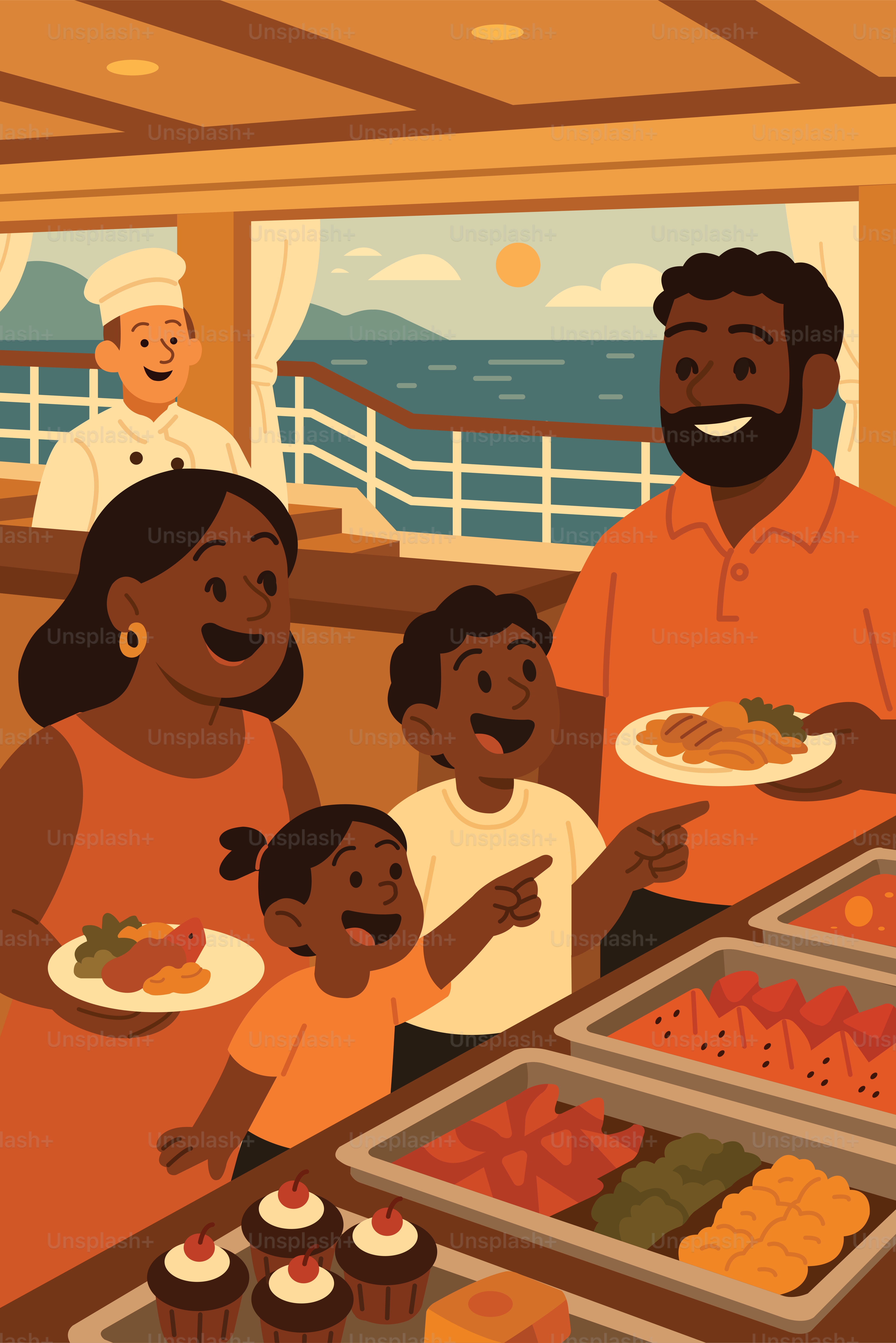 A family enjoys buffet food on a cruise ship.