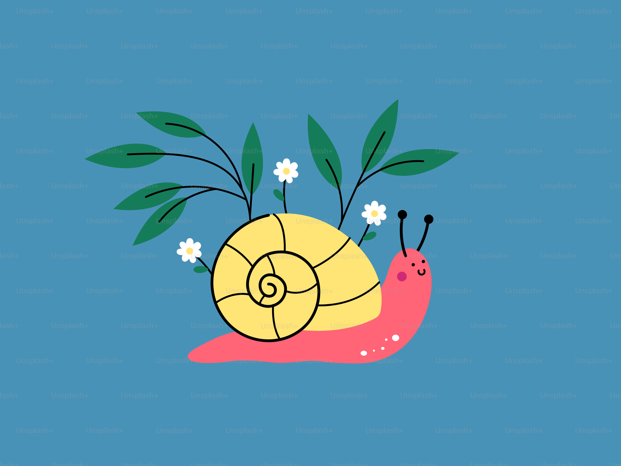 A happy snail carries plants on its back.