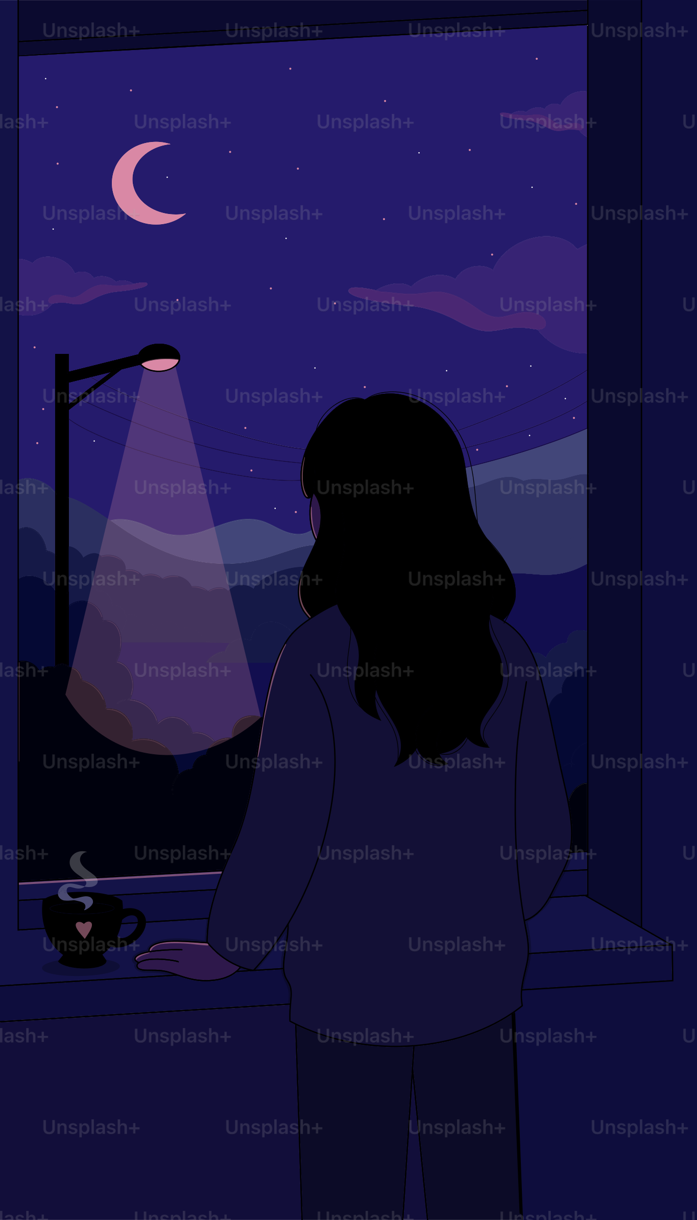 夜、窓の外を覗き込む女性。