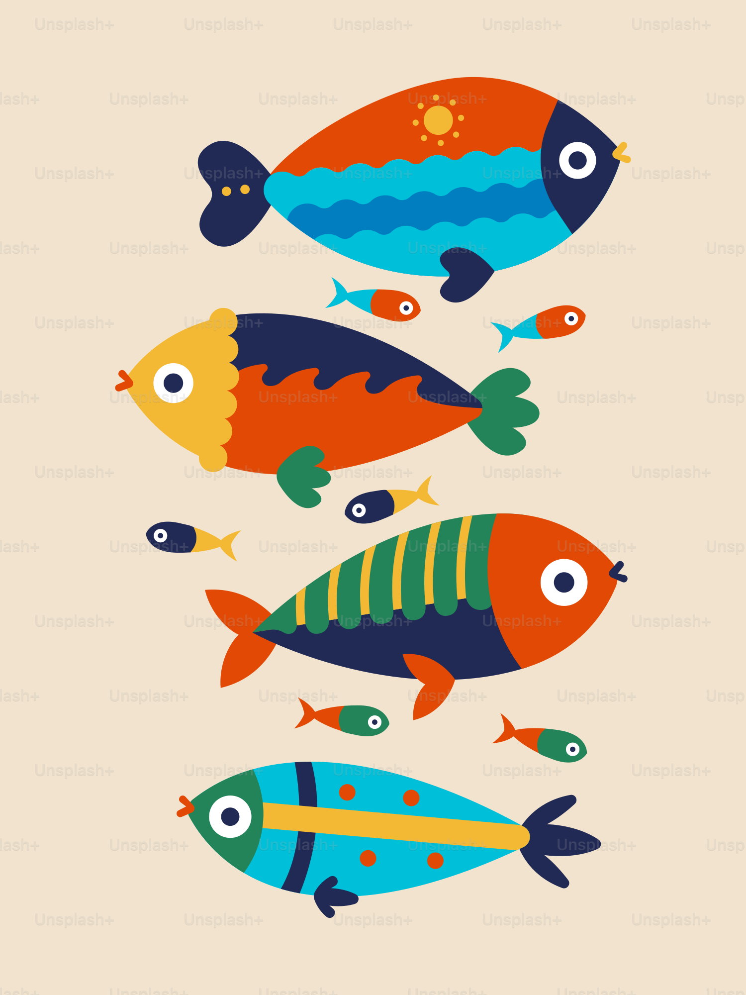 Colorful cartoon fish swim together in the ocean.