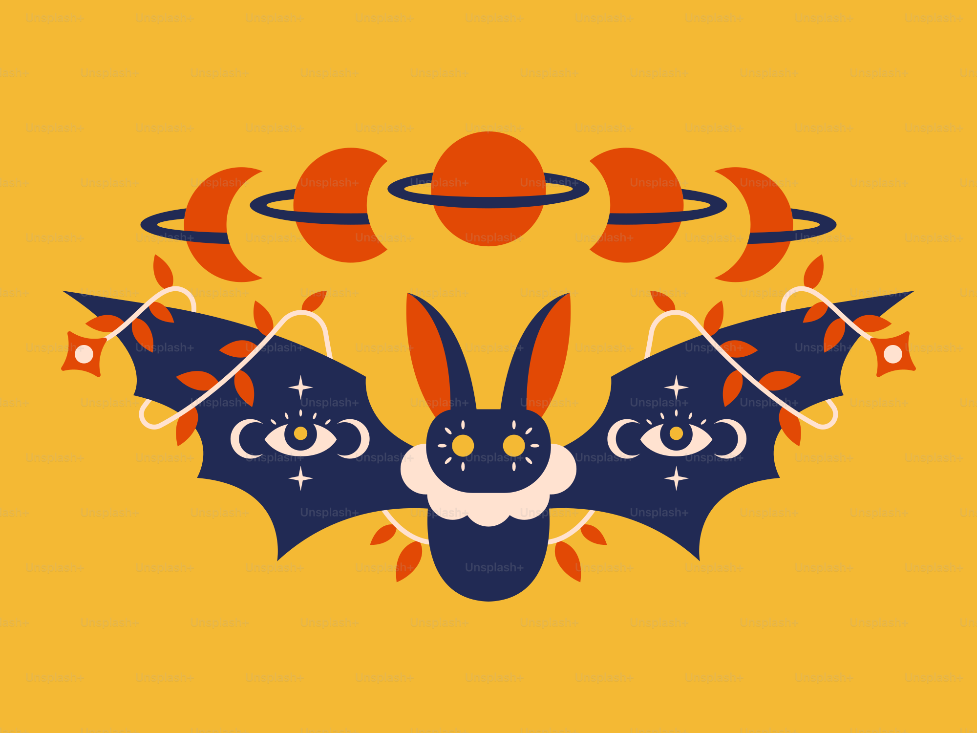 Bat with planets and moon phases illustration.