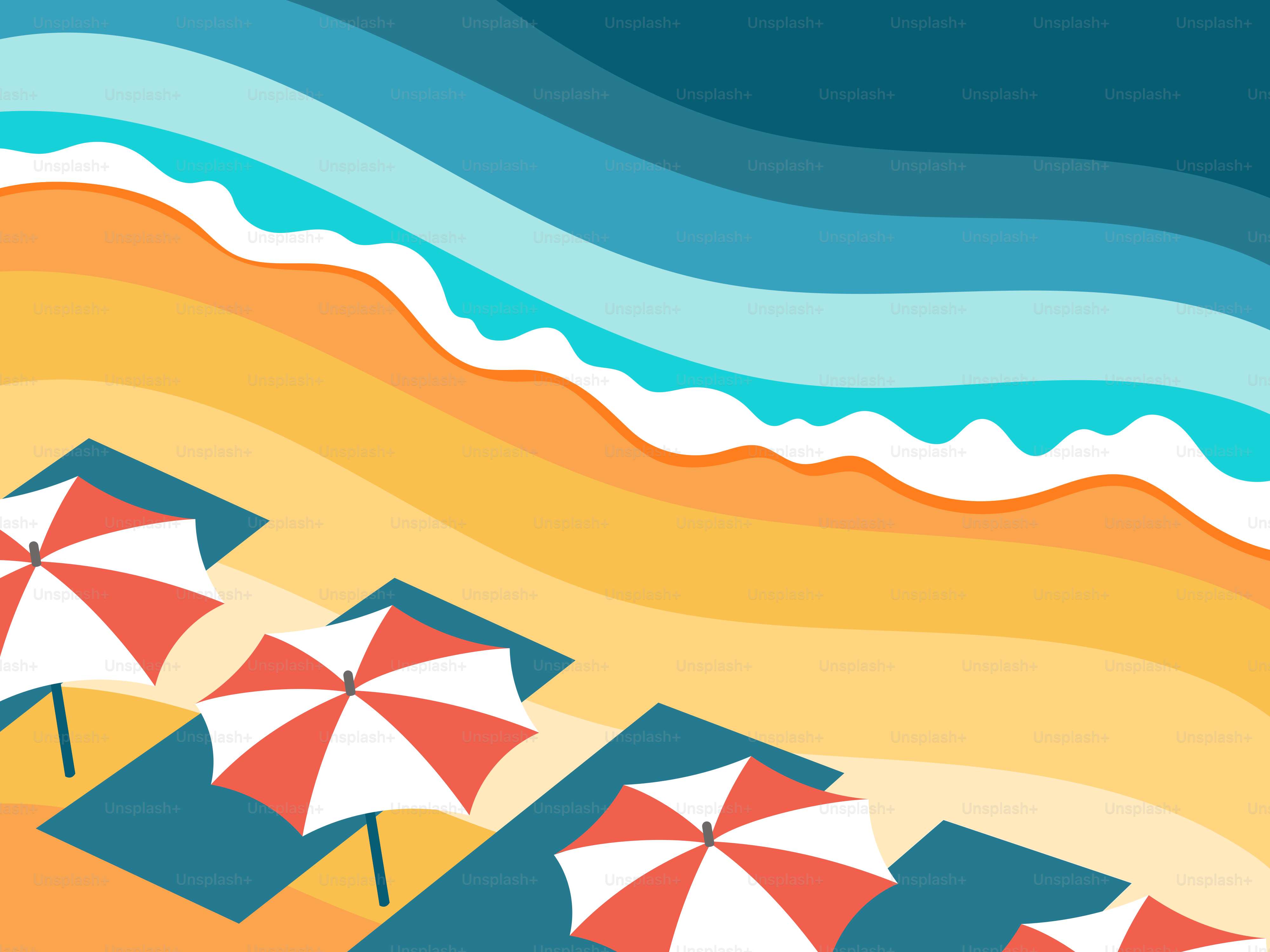 Strandszene mit Regenschirmen und Meereswellen.