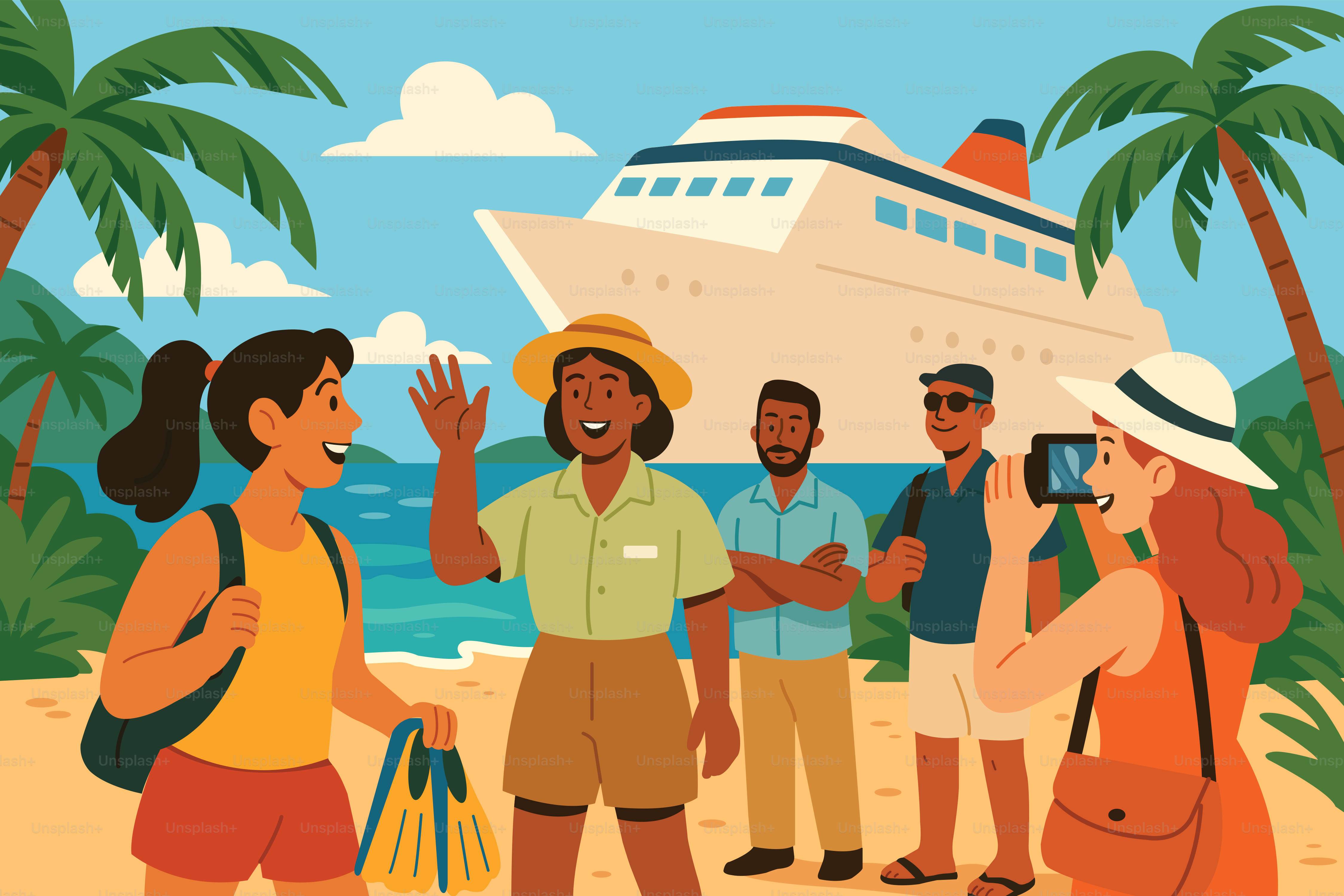 Die Leute sind am Strand und bereit für eine Kreuzfahrt.