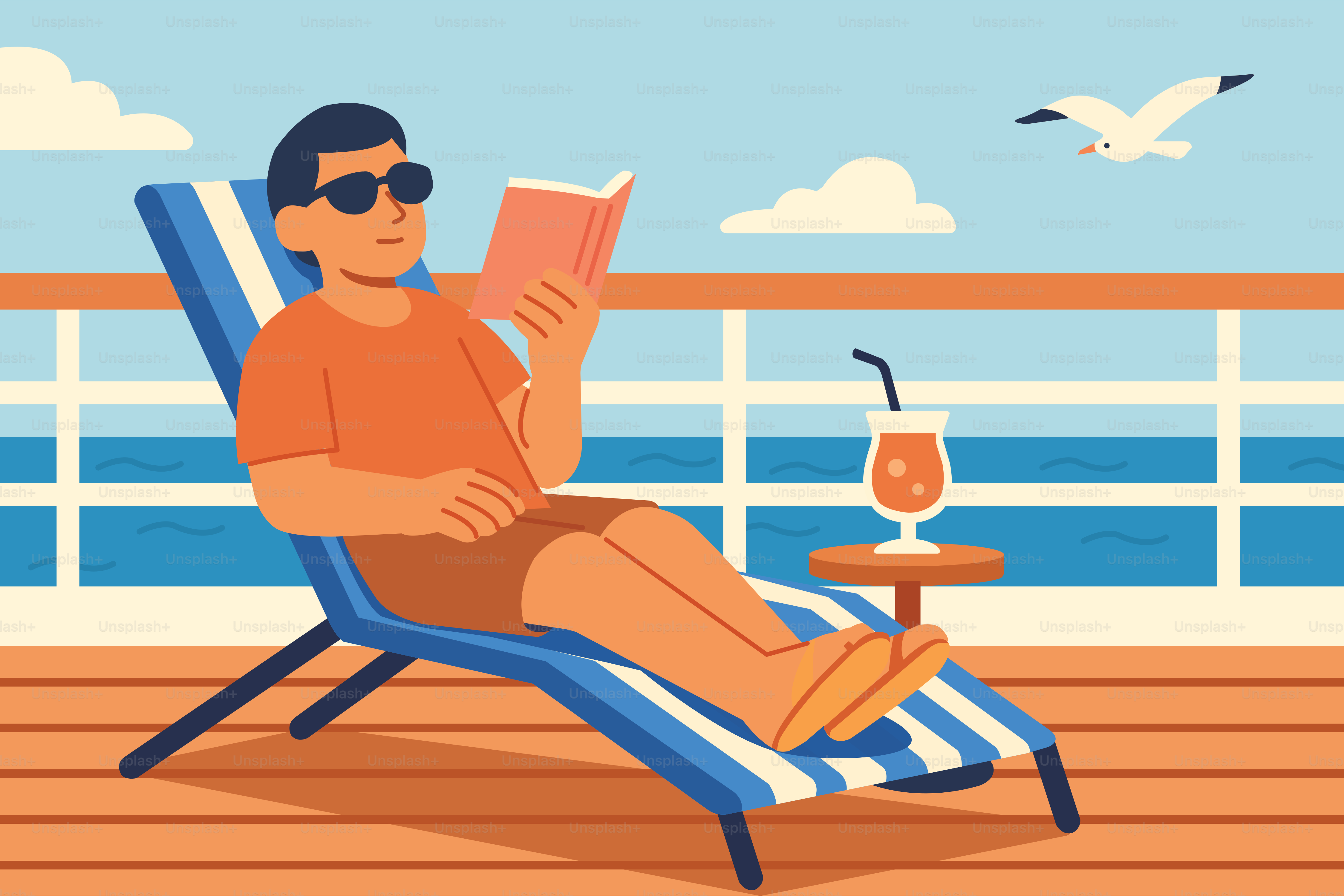 Man relaxes on deck reading a book.
