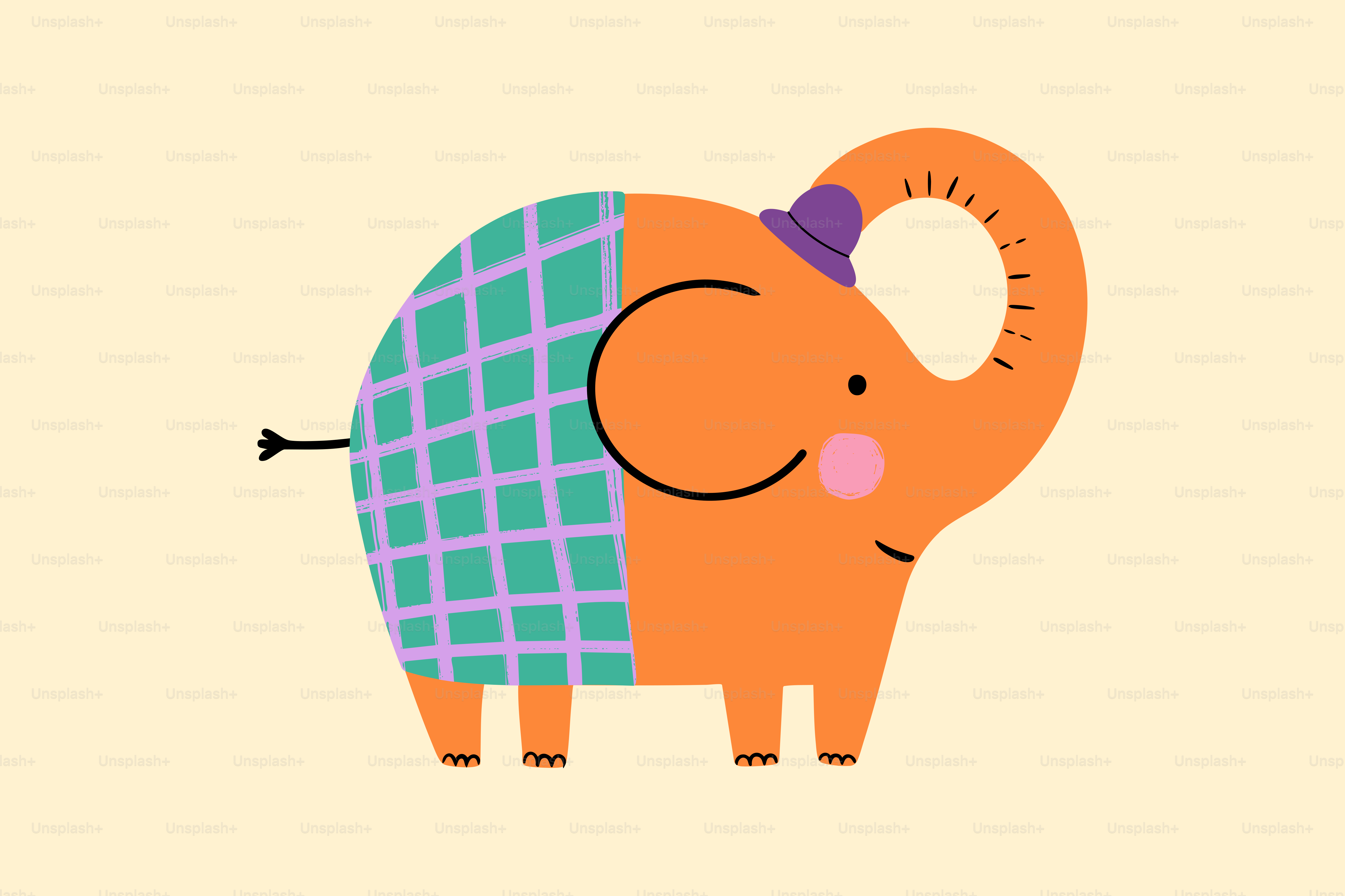 Un éléphant orange au corps à carreaux violets.