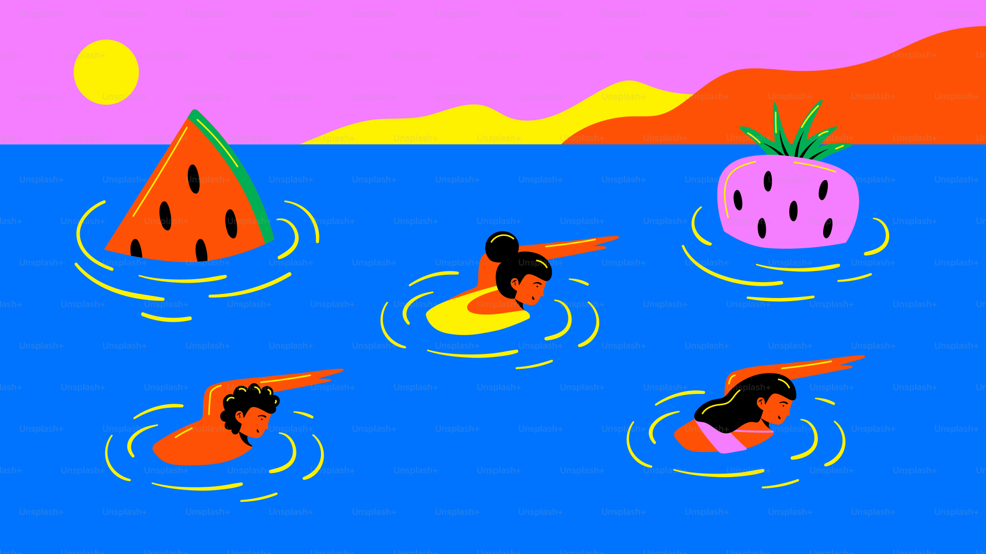 People swim in the sea with watermelon and pineapple.
