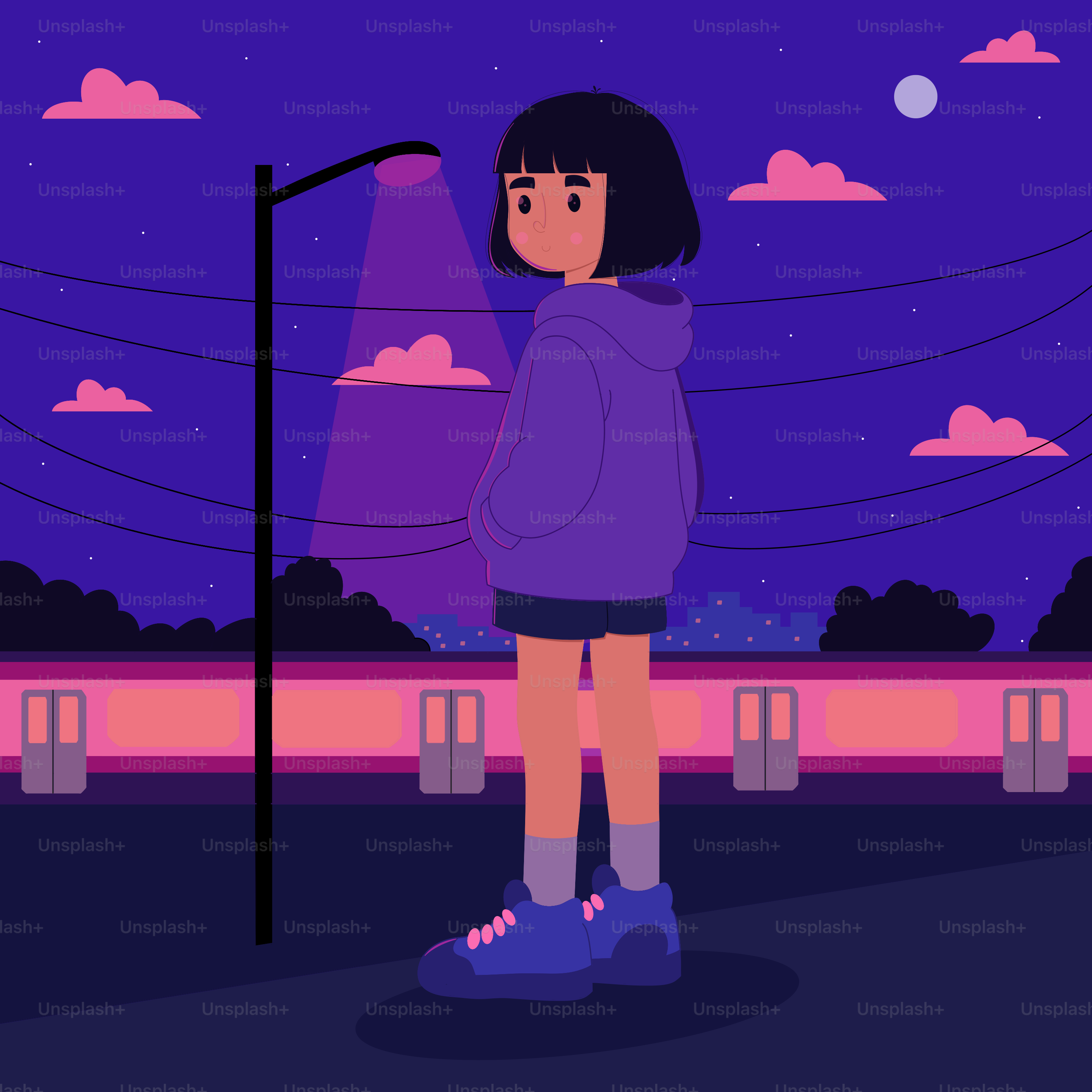 夜、街灯の下で一人立つ女性。